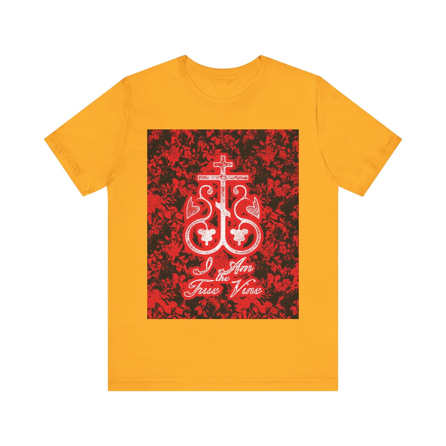 I Am the True Vine (John 15:1) | Orthodox Cross Vine Monogram | Red and Black Floral Design | Orthodox Christian T-Shirt