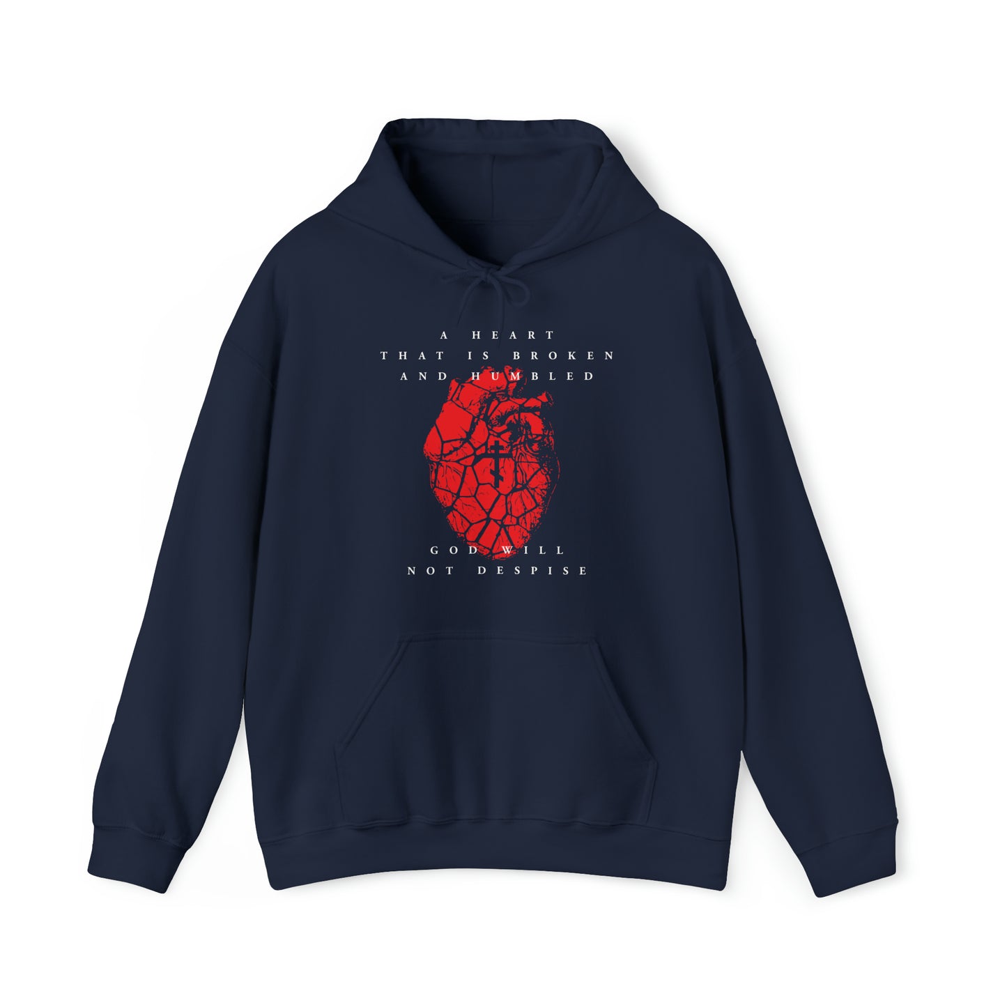 A Heart That is Broken and Humbled God Will Not Despise (Psalm 50/51) | Three-Bar Cross on Red Fractured Heart | Orthodox Christian Hoodie / Hooded Sweatshirt-Navy-S-Remembrance of Death