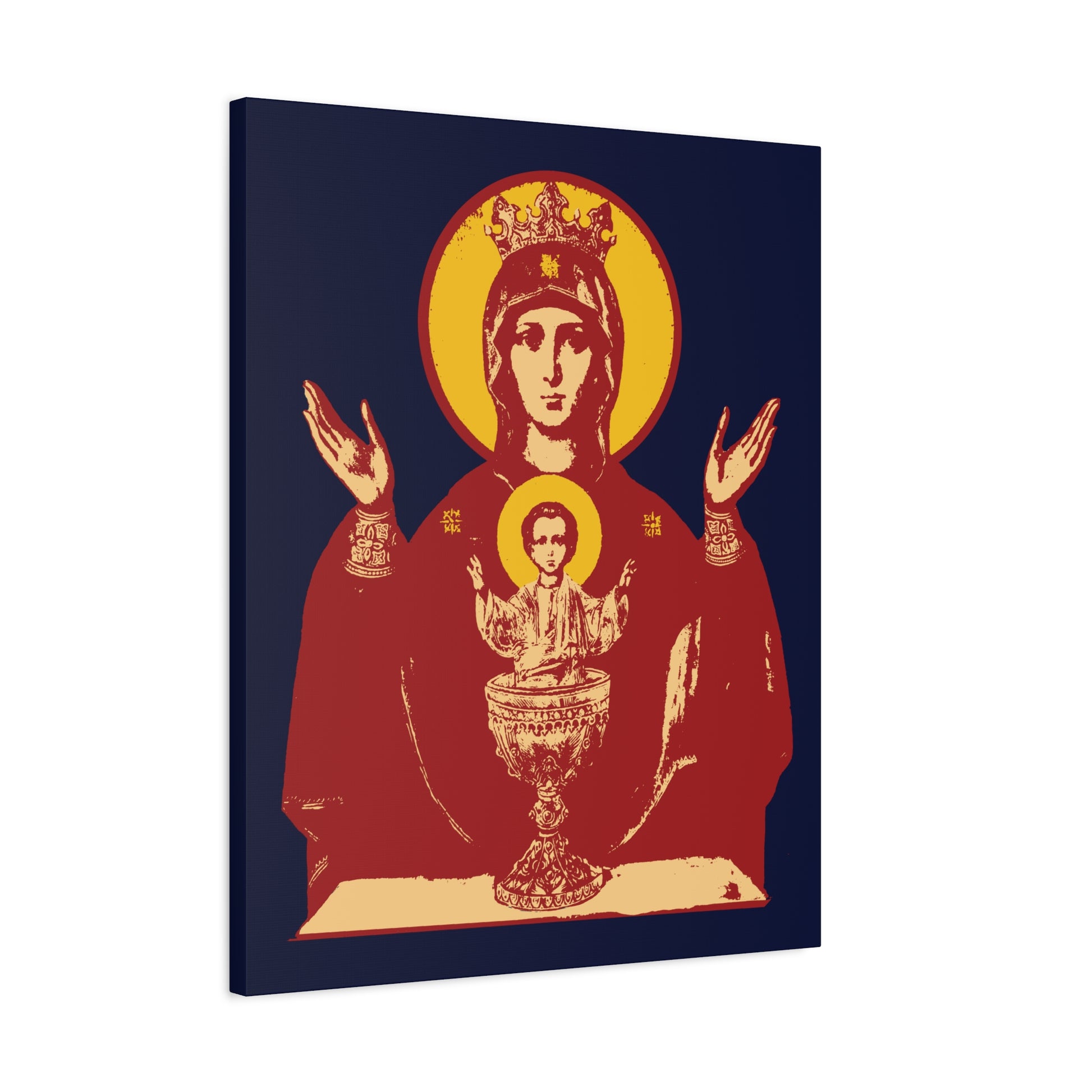 Icon-style image: Holy Theotokos IconoGraphic of the Inexhaustible Chalice—Deliverer from Addictions, Conquer Passions—shows crowned Mother of God with child in chalice, Orthodox Christian wall art on a dark background.
