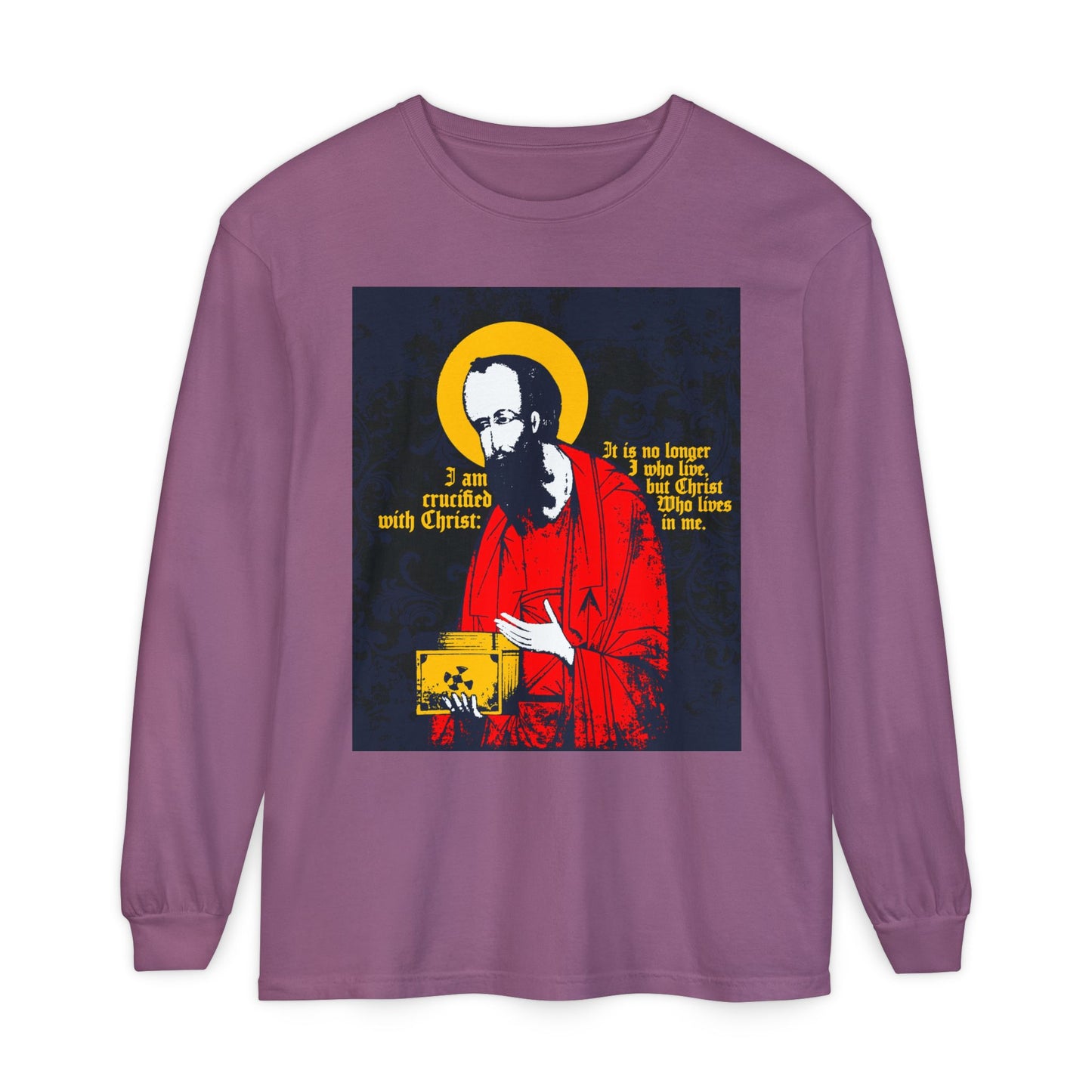 Berry long-sleeve shirt featuring St Paul holding a Gospel in iconographic art and the text: I am crucified with Christ (Galatians 2:20)—a bold Orthodox Christian statement of faith.