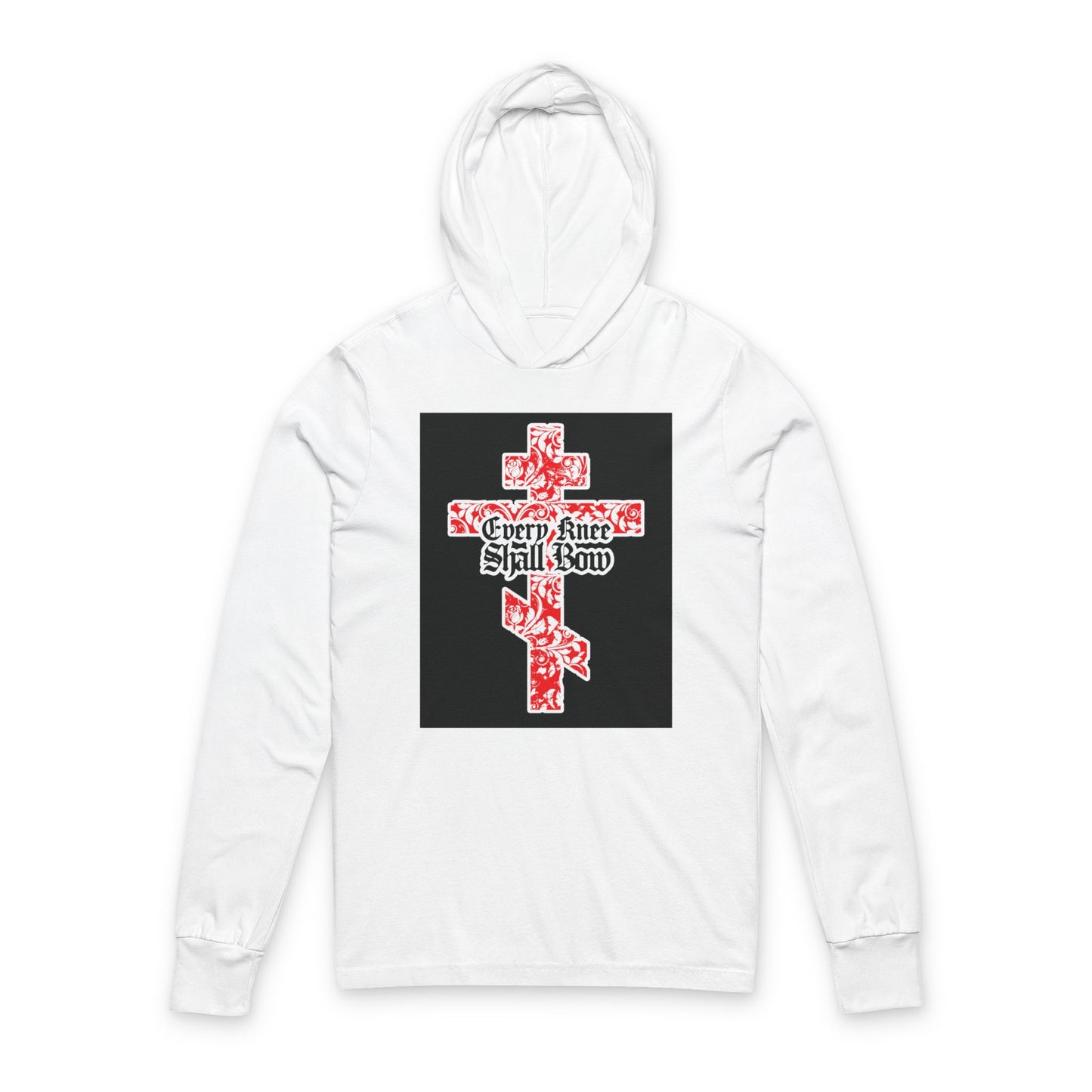 White hooded shirt featuring a gold and red floral texture Orthodox cross with Gothic “Every Knee Shall Bow” text, inspired by Isaiah 45:22-24 and Philippians 2:7-11.