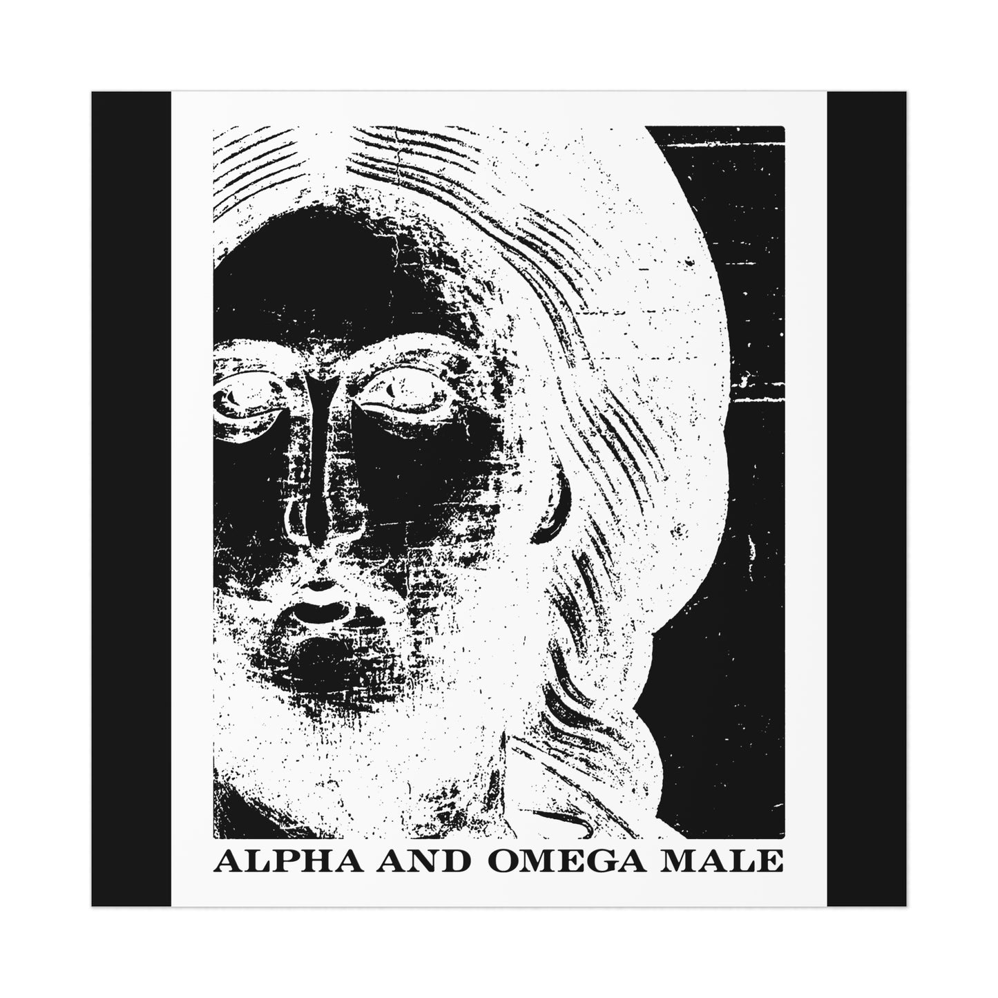 High-contrast black and white image of a male face with "Alpha & Omega Male" below, inspired by Rev 22. Features Jesus Christ in a photonegative style—Orthodox Christian art poster evoking the new heaven and new Jerusalem.