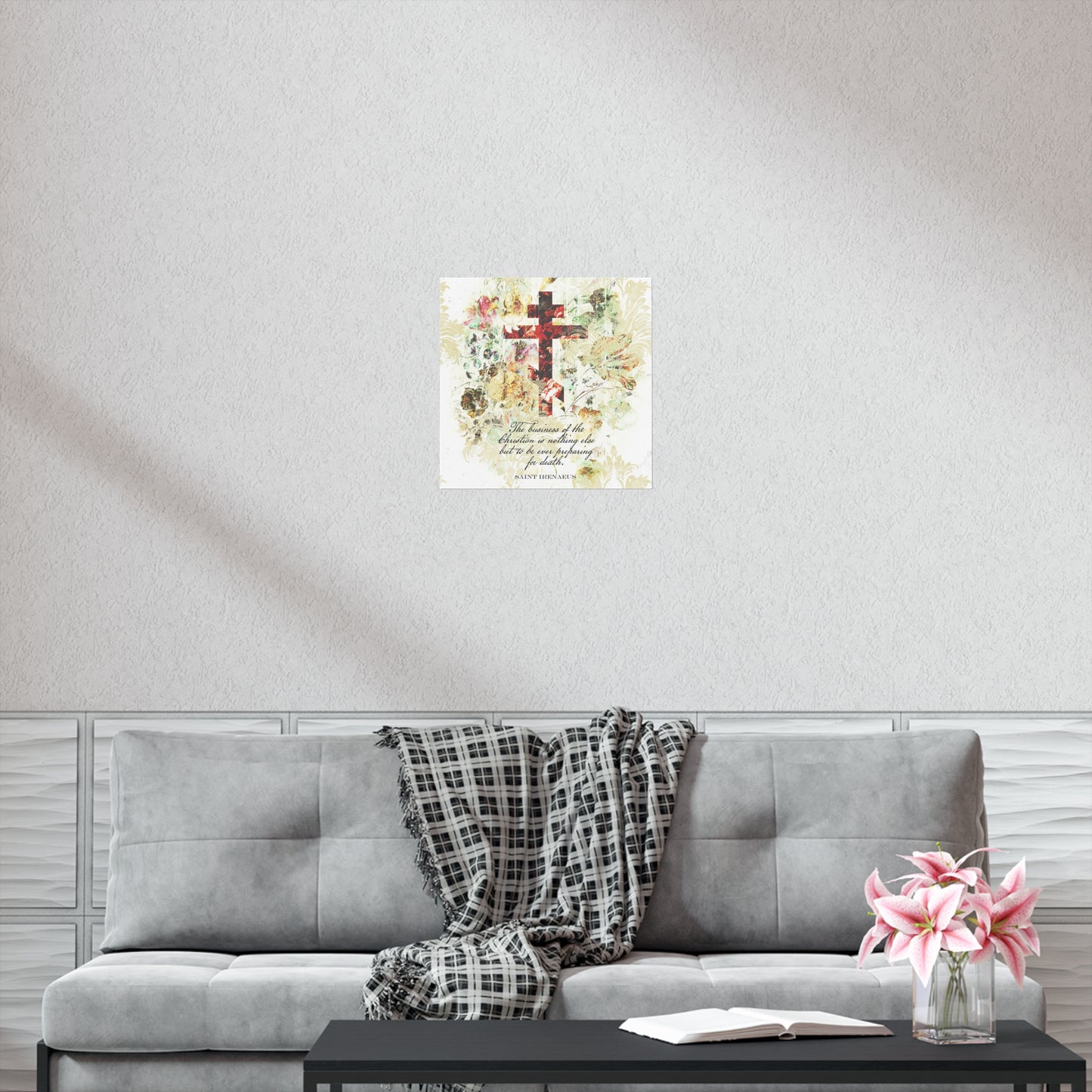 Preparing For Death | White & Beige Floral Scrapbook Texture Cross | Arts & Crafts Style | St Irenaeus | Orthodox Christian Art Poster