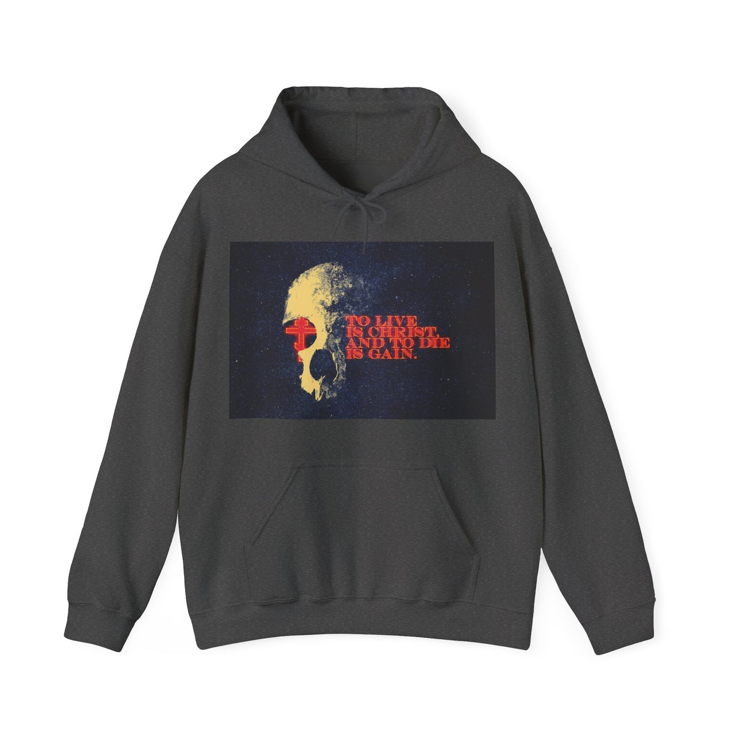 To Live is Christ and to Die is Gain | Phil 1:21 | Retro Texture | Glowing Letters and Cross with Skull | Orthodox Christian Hoodie