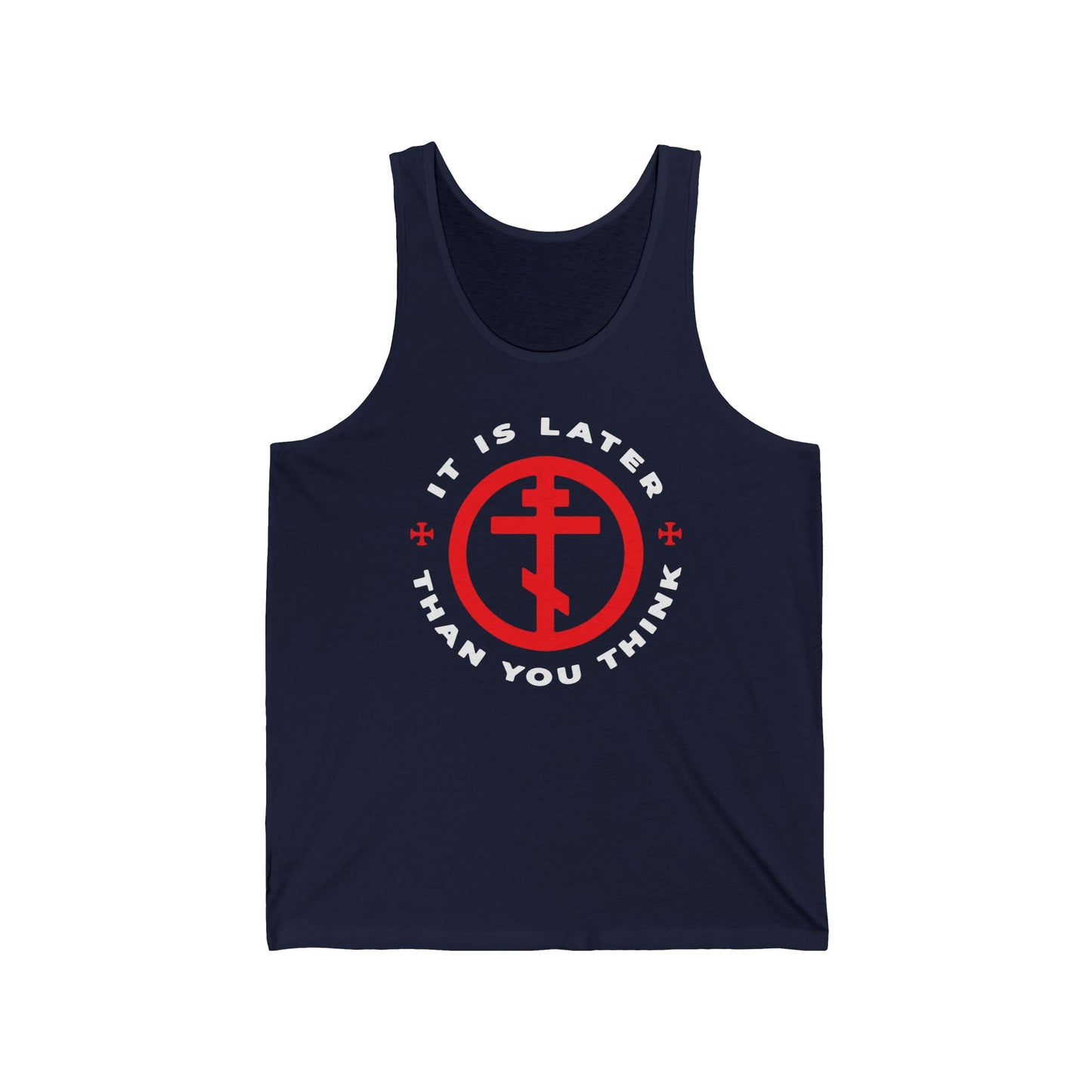 Navy tank top featuring an Orthodox cross in a circle with white text: IT IS LATER THAN YOU THINK—reminding you to reflect on God’s work. Inspired by Fr Seraphim Rose and the memento mori tradition.