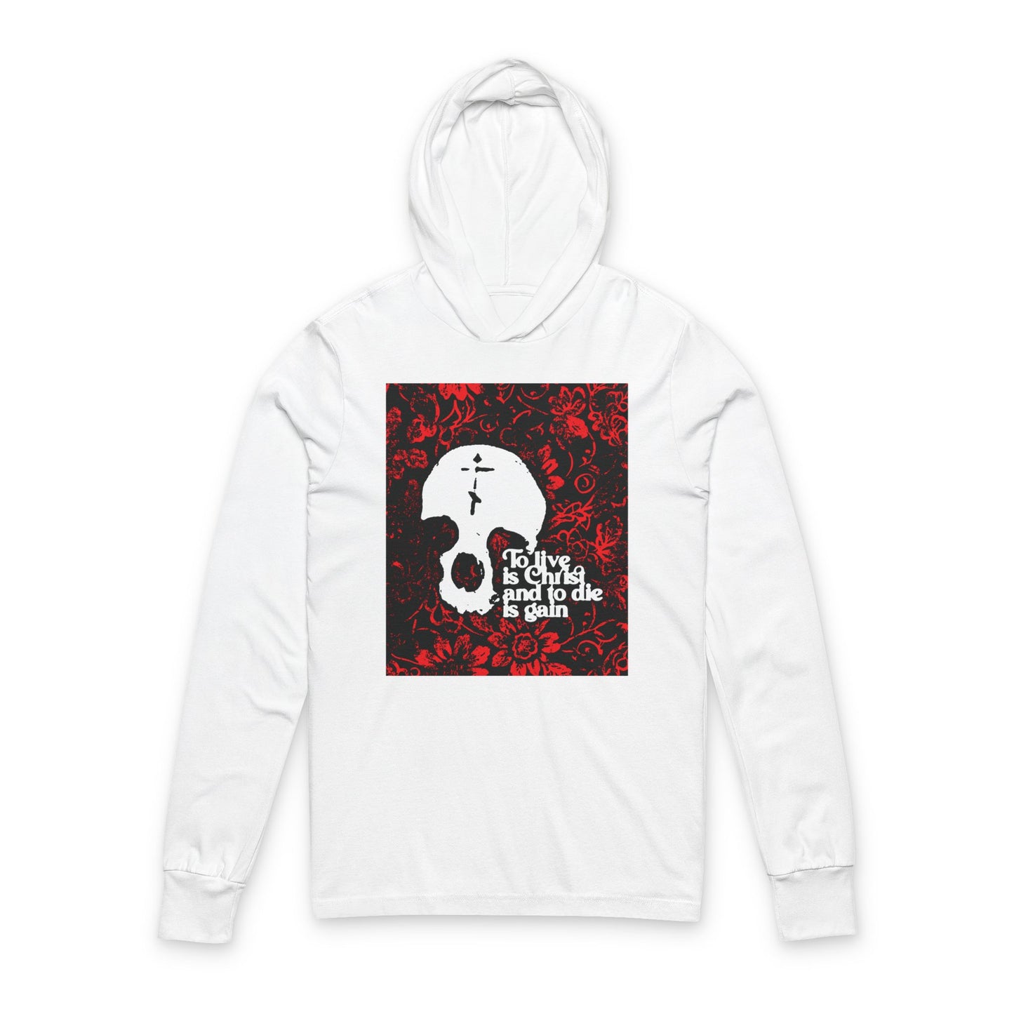 To Live is Christ To Die is Gain (Phil 1:21) | Skull with Cross on Red Floral Texture | Orthodox Long Sleeve Hooded Shirt