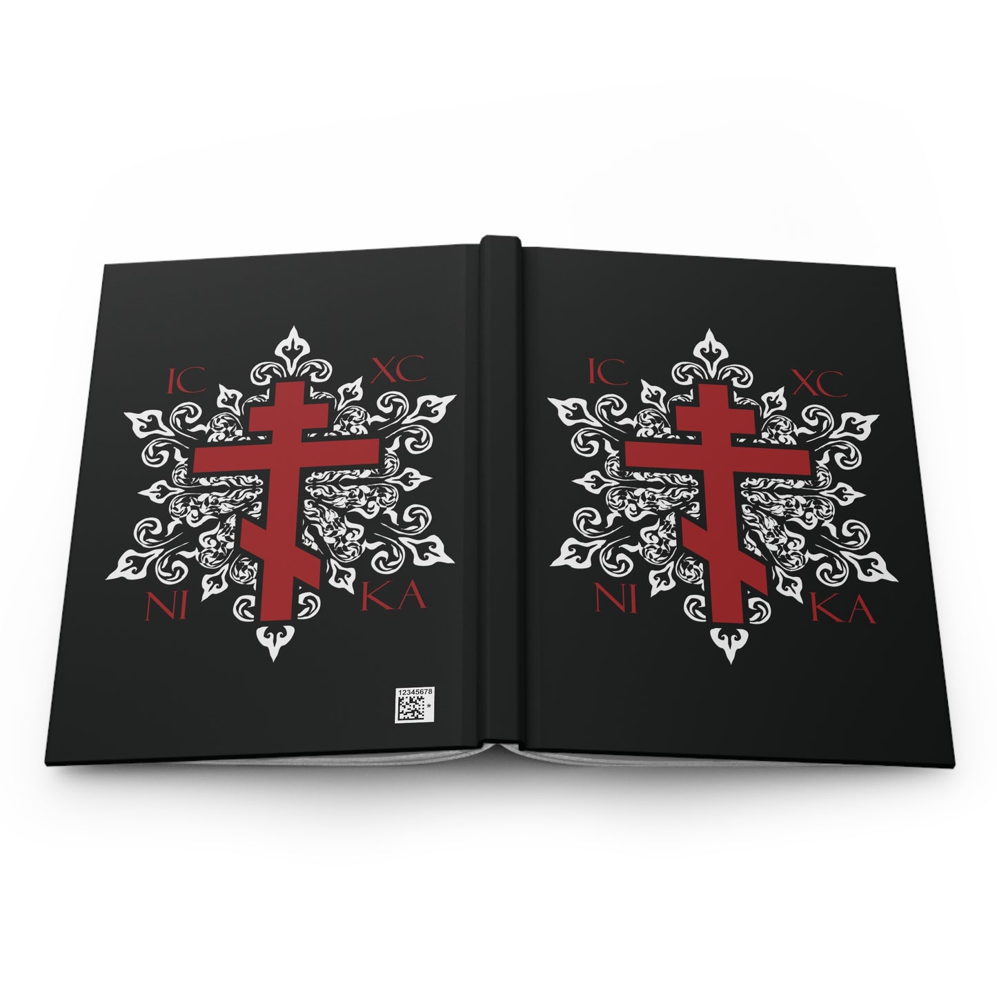 ICXC / NIKA Red Orthodox Cross on Ornate White Medieval Floral Design | Exclusive Best-Selling | Orthodox Christian Hardcover Journal