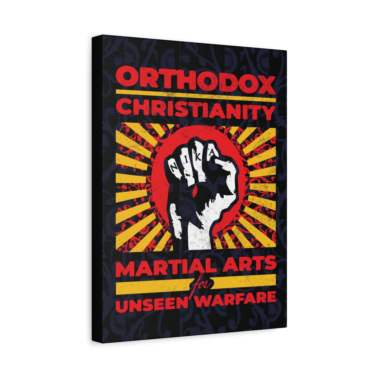 Orthodox Christianity: Martial Arts for Unseen Warfare | NIKA Jesus Fist on Colorful Sunburst Design | Orthodox Christian Canvas Art