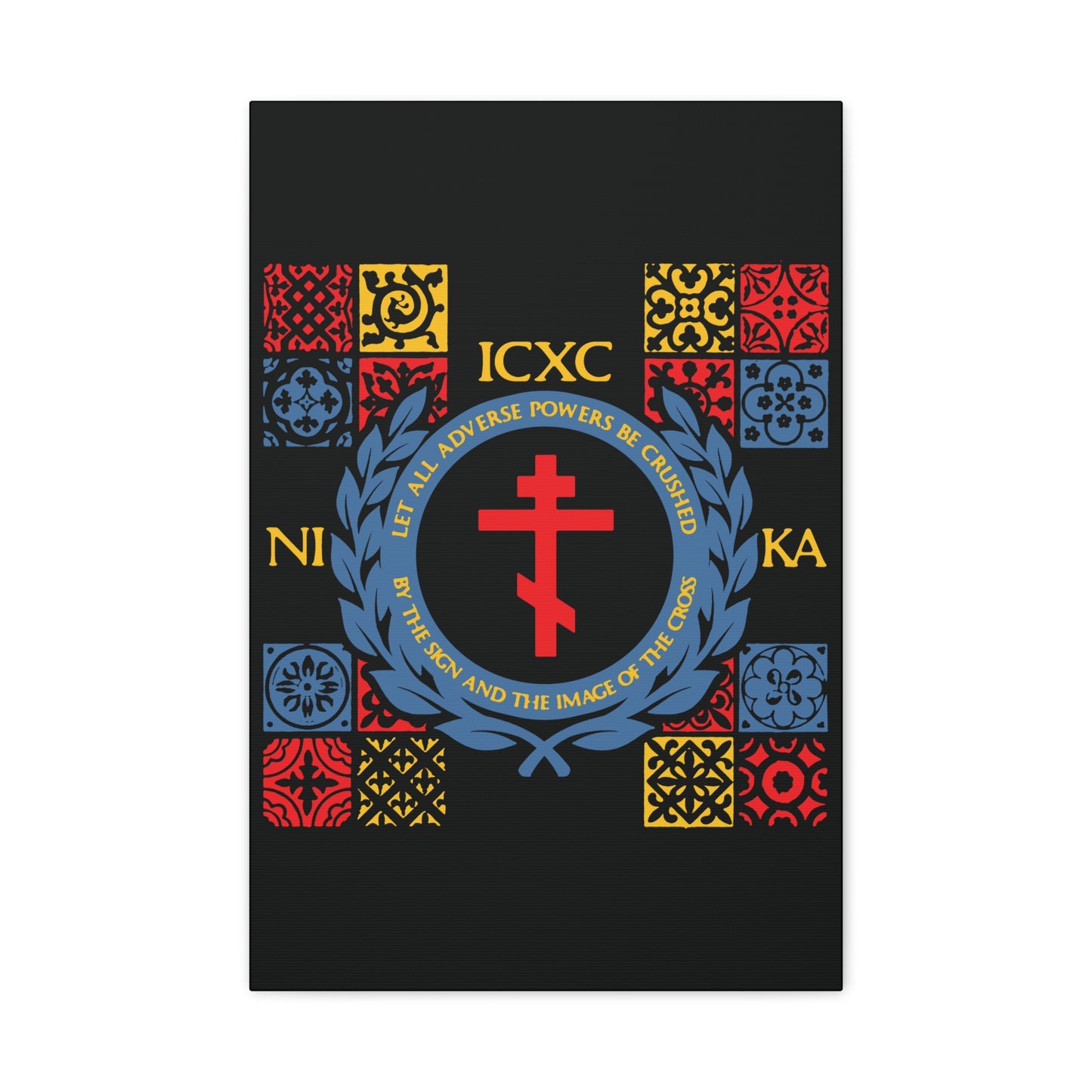 Let All Adverse Powers Be Crushed (Red, Yellow & Blue Design) | ICXC NIKA | Medieval Tile Design | Orthodox Christian Canvas Art