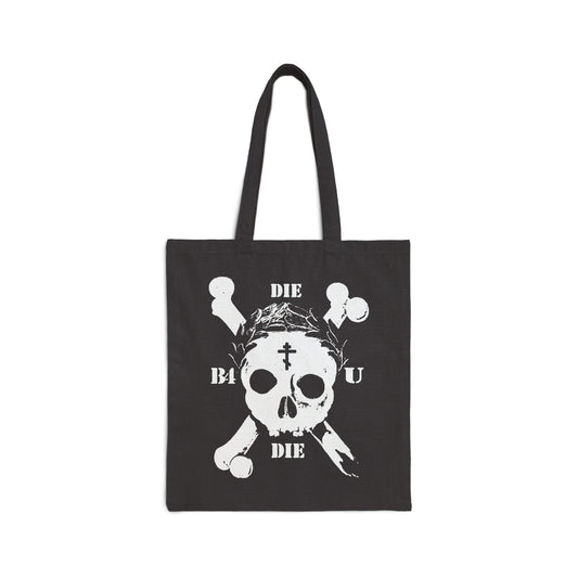 Black "Die Before You Die" tote bag features a retro skull and crossbones, Orthodox cross, and laurel wreath—a bold Memento Mori design inspired by Jesus' call to self-denial (Matthew 16:24-25).