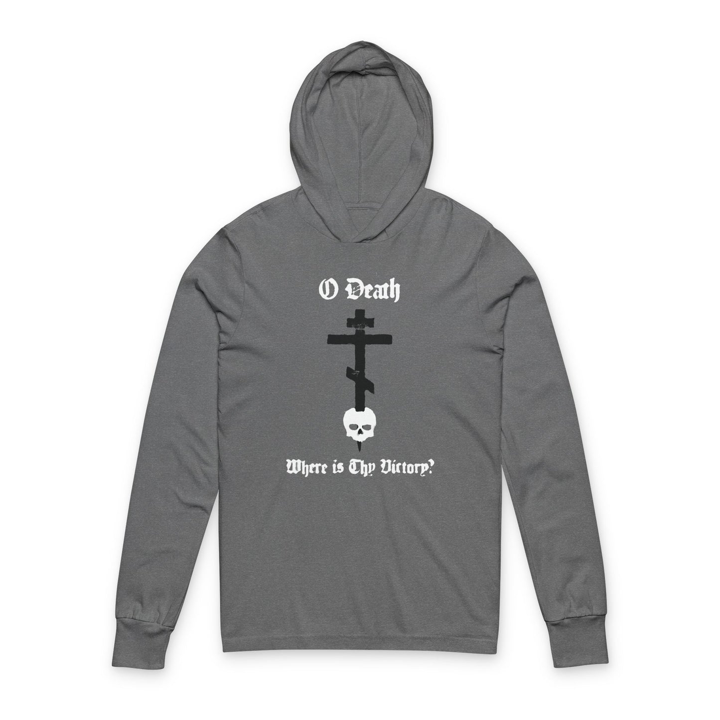 O Death Where is Thy Victory? 1 Cor 15:55 | Cross Stabbing Skull | Spraypaint Aesthetic | Orthodox Christian Long Sleeve Hooded Shirt