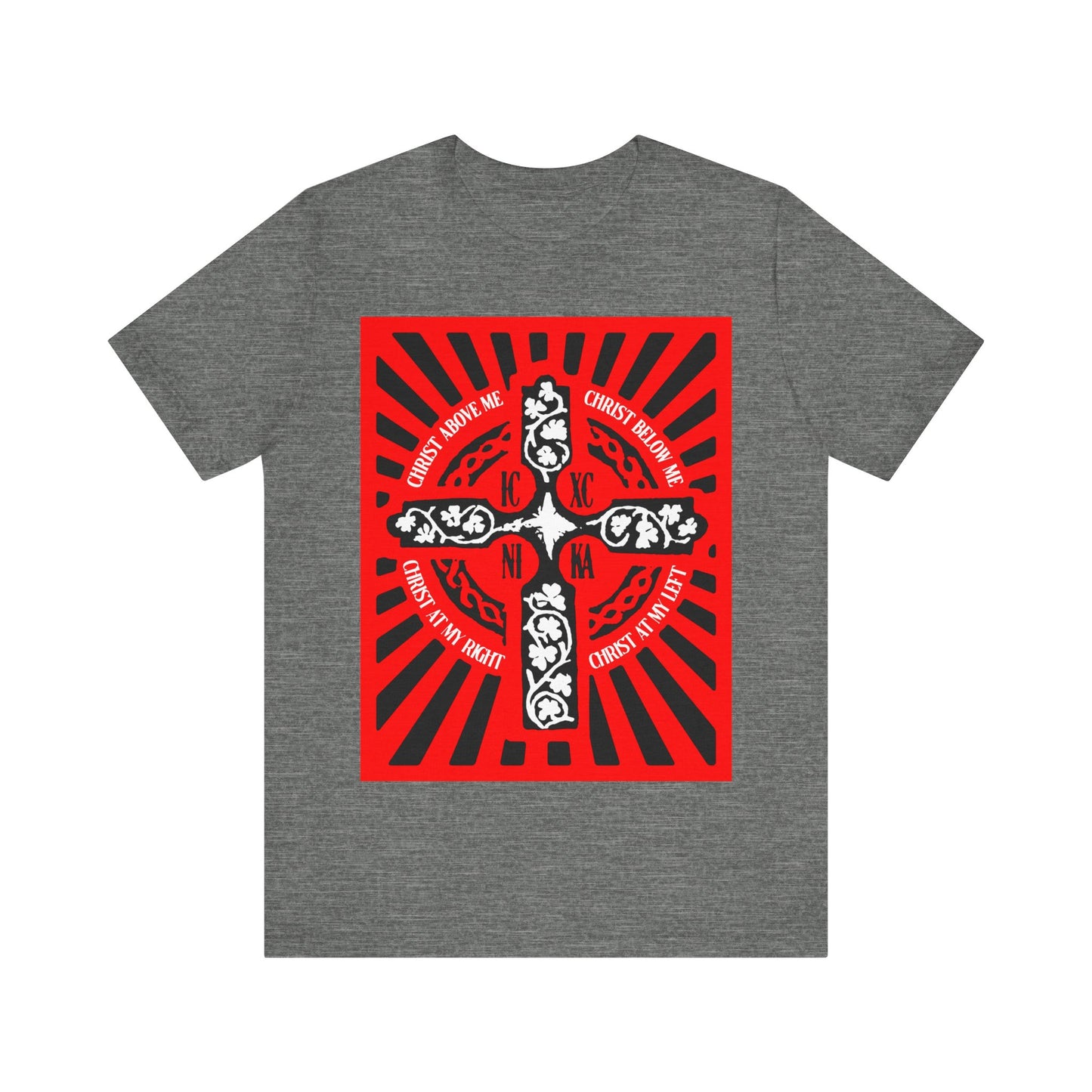 Red ICXC NIKA Enniskillen Celtic Cross | Lorica of St. Patrick | Shield Prayer | Orthodox Christian Cotton T-Shirt