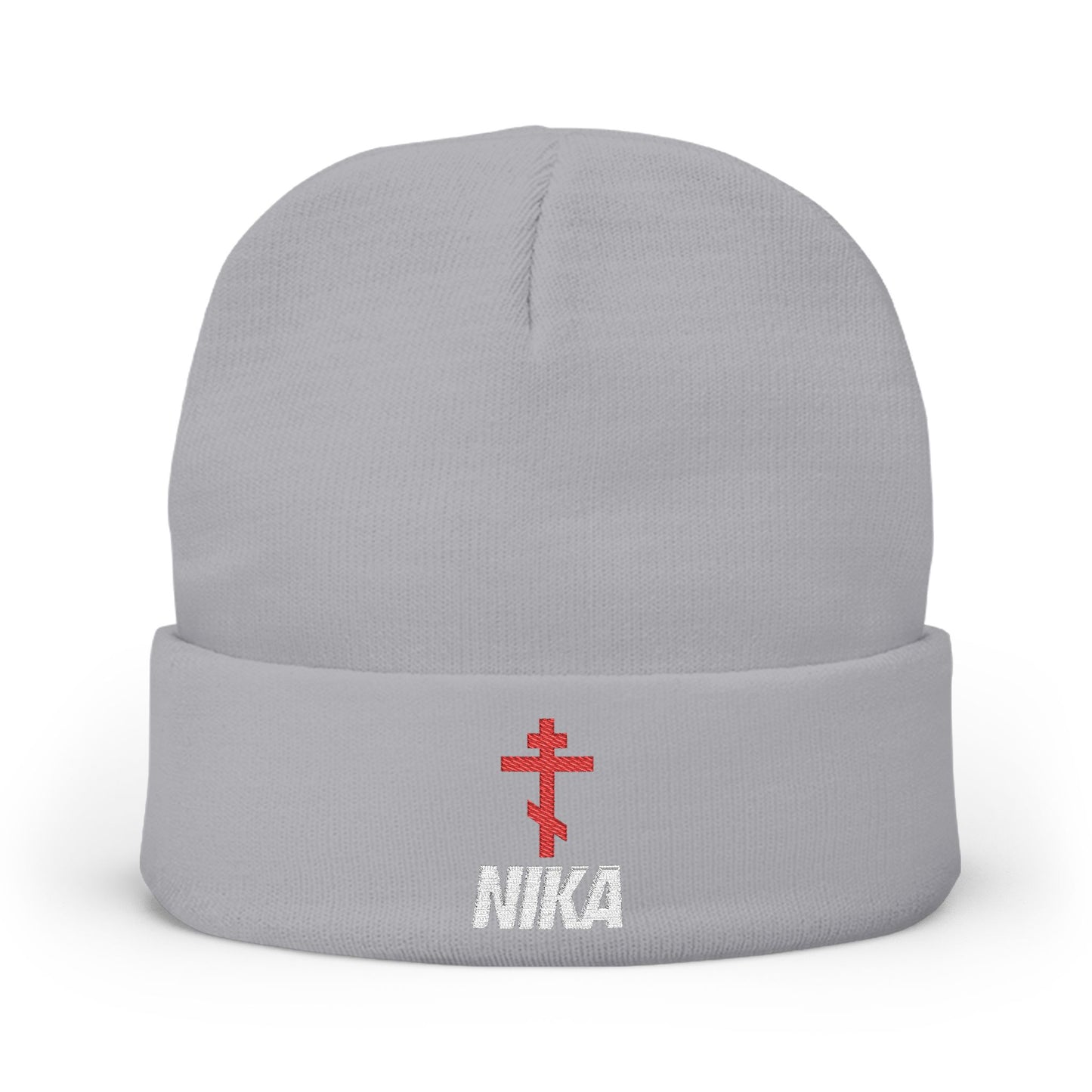 NIKA Red Embroidered Orthodox Cross | NIKE Logo Mashup | Athletic Aesthetic | Orthodox Christian Embroidered Knit Beanie