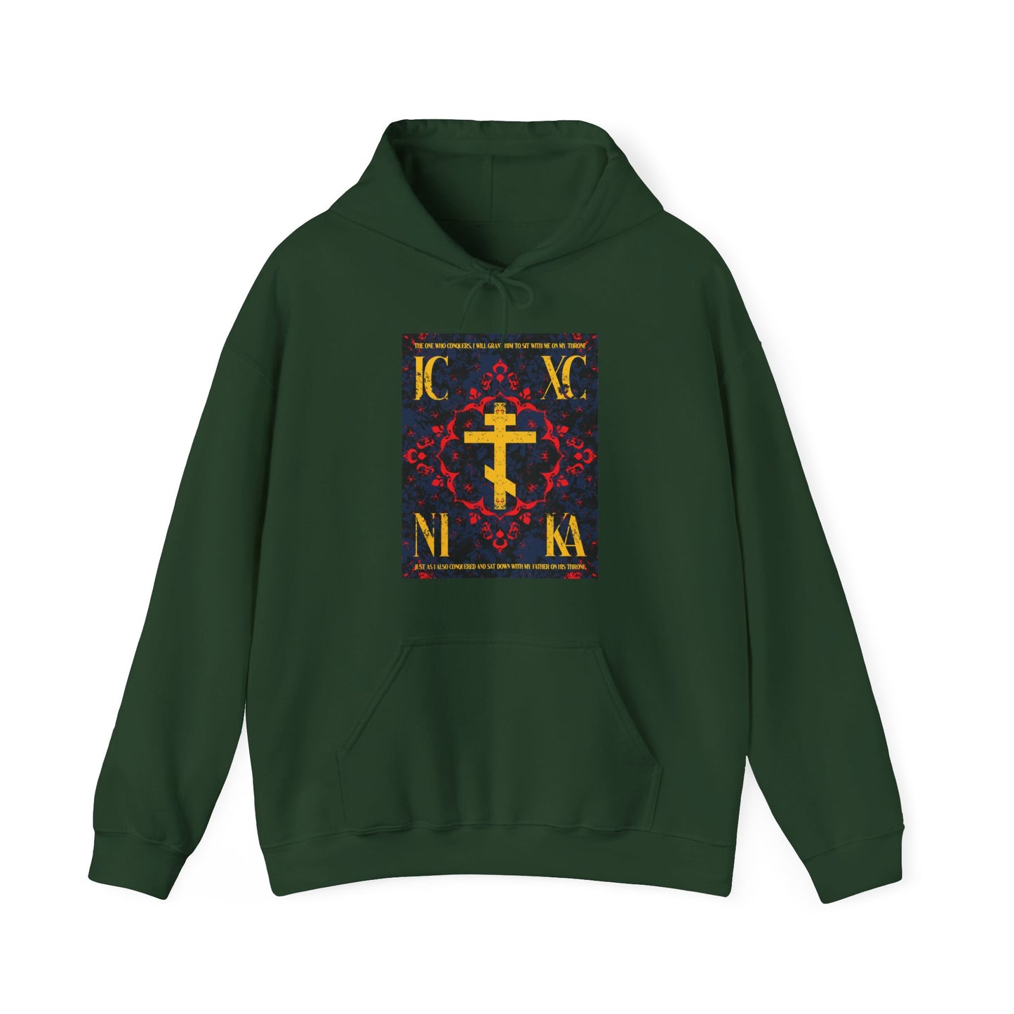 IC XC NIKA Orthodox Cross | Medieval Floral Design | The One Who Conquers (Revelation 3:21) | Orthodox Christian Hoodie