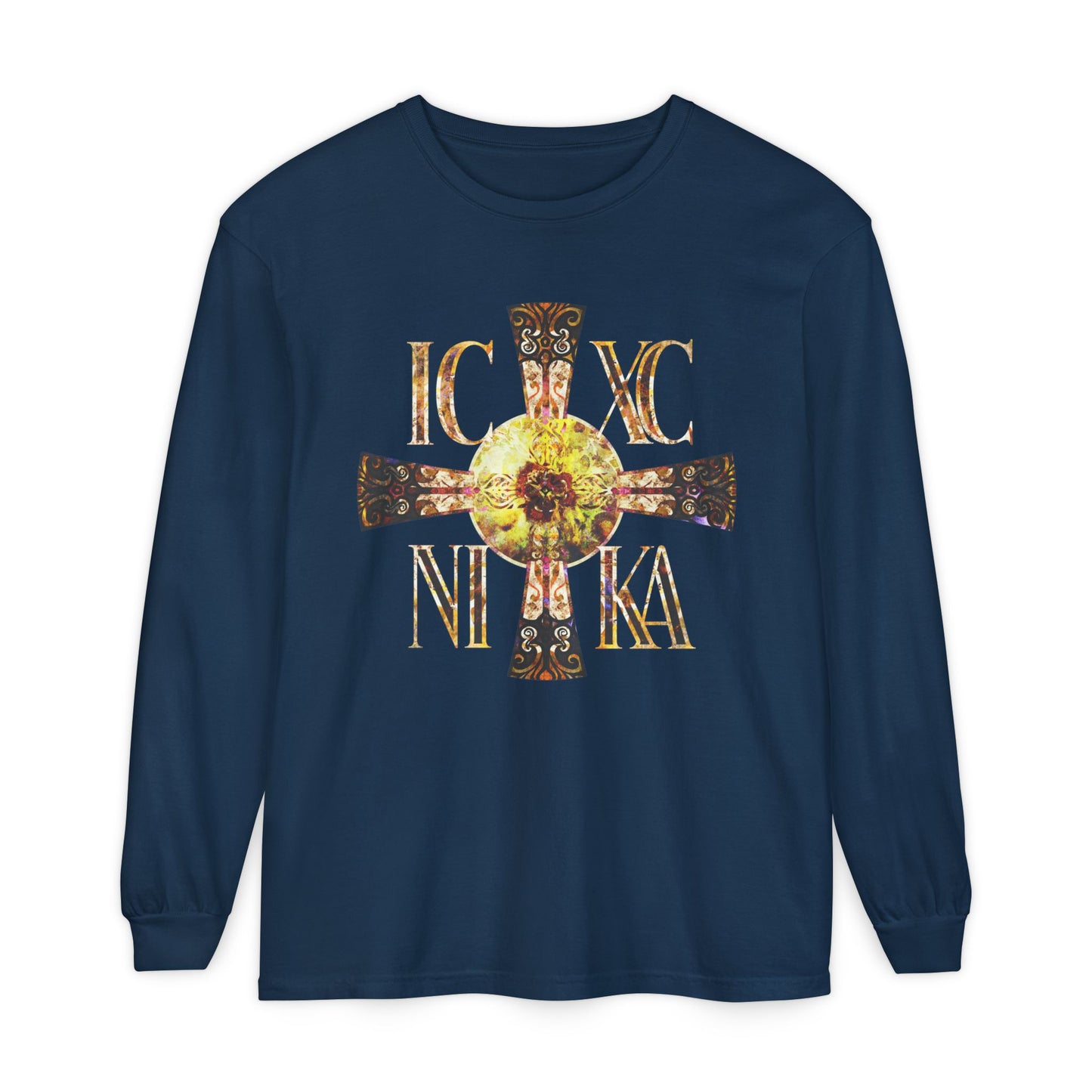 ICXC NIKA Celtic Style Equal Armed Cross | Bright Solar Texture | Orthodox Christian Long Sleeve Shirt