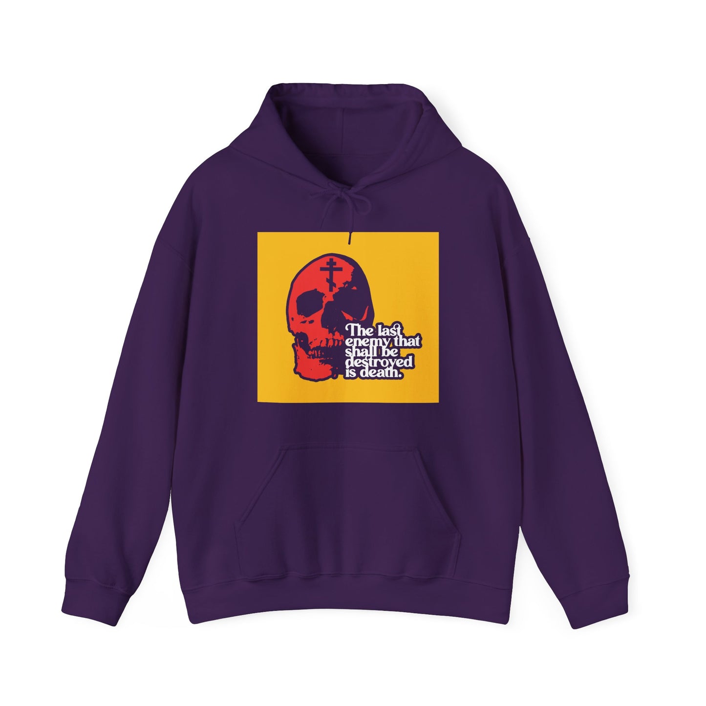 The Last Enemy That Shall Be Destroyed  (1 Corinthians 15:26) | Red Skull on Yellow Background | 70s Typography | Orthodox Christian Hoodie