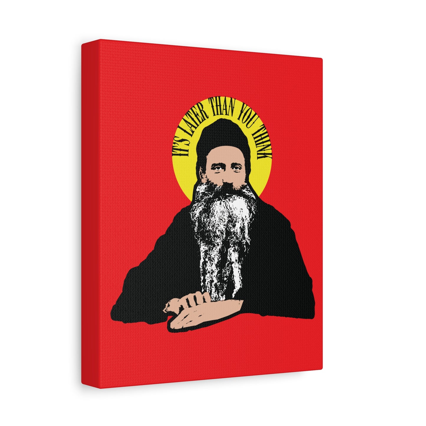 Illustration of Fr Seraphim Rose, a bearded man with a yellow halo and the words "It's Later Than You Think"—modern American Orthodox Christian saint, inspiring reflection on life's journey. Wall art for Orthodox Christian spaces.