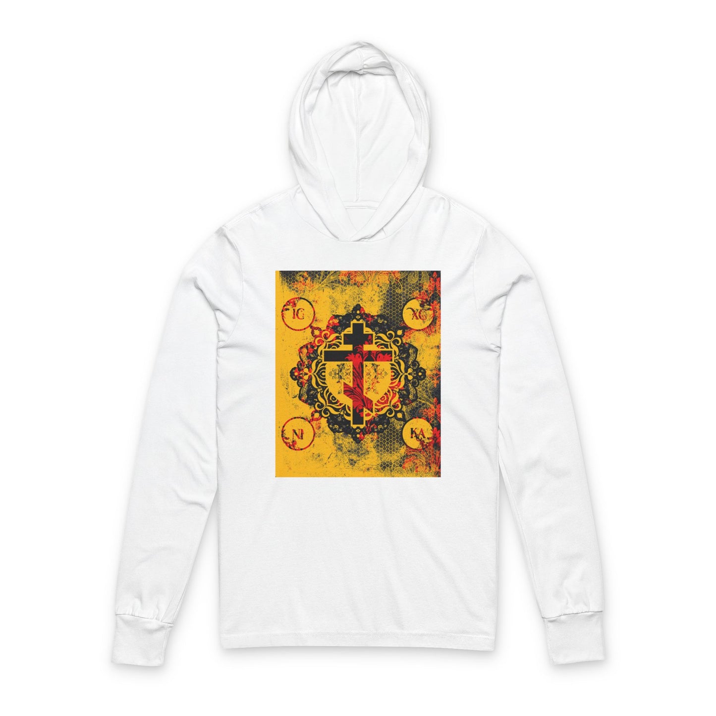 IC XC NIKA Orthodox Cross | Yellow & Red Modern & Medieval Textured Floral Design | Orthodox Long Sleeve Hooded Shirt