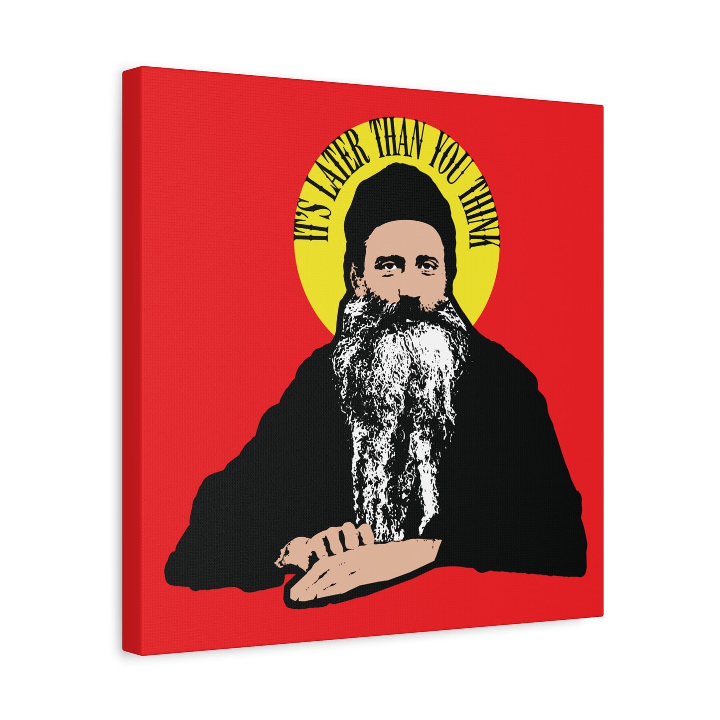 Illustration of Fr Seraphim Rose, a bearded man with a yellow halo and the text "It's Later Than You Think" on a red background—modern Orthodox Christian wall art inspired by this American saint.