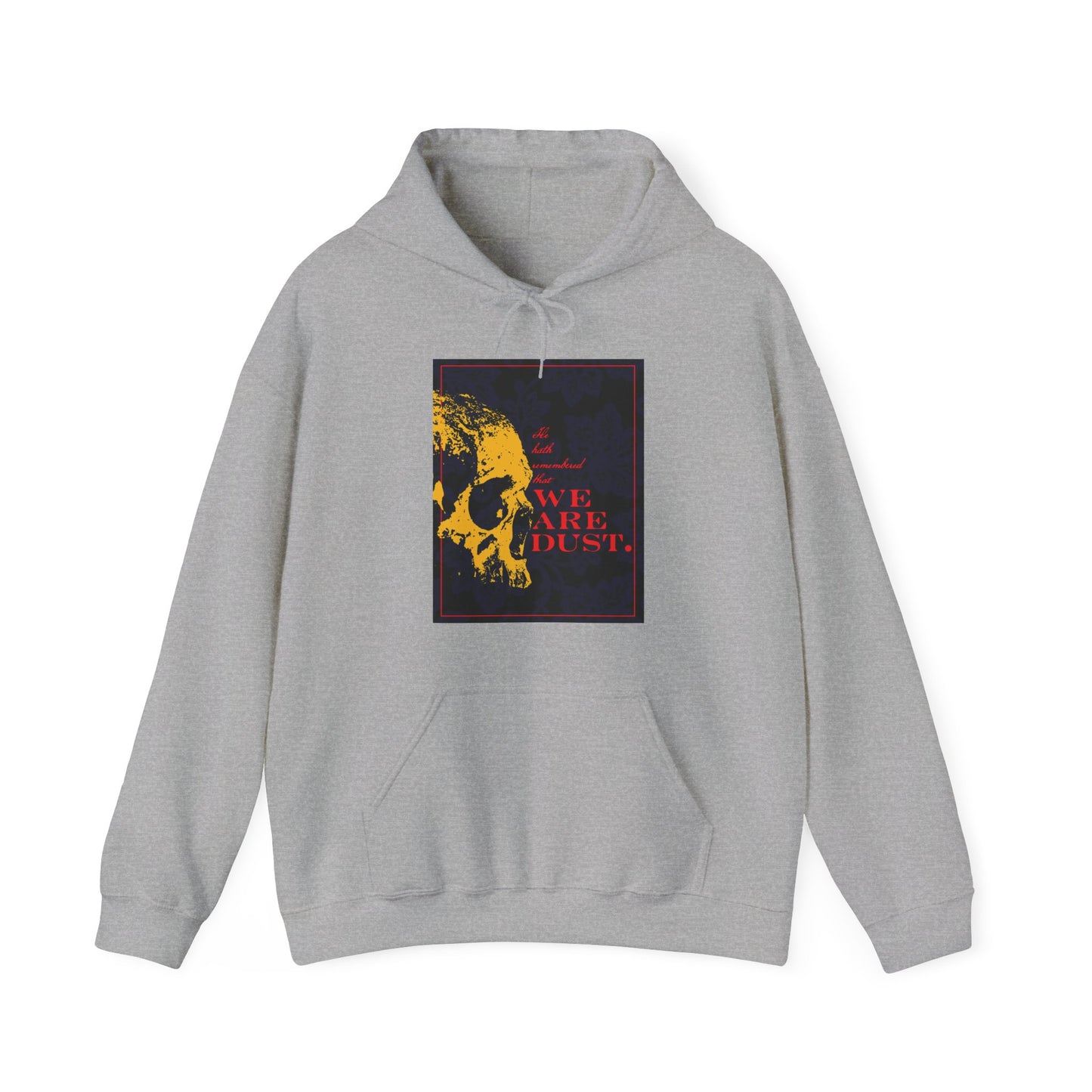 Sport Grey hoodie featuring a yellow skull on a blue floral background with red "WE ARE DUST." text, inspired by Ps. 102/103 LXX. Memento Mori design in Gothic style—an Orthodox Christian reminder of mercy and mortality.