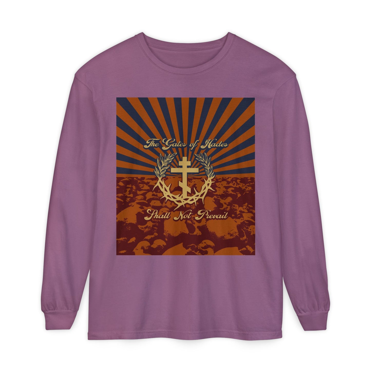 The Gates of Hades Shall Not Prevail | Cross with Wreath & Crown of Thorns | Skulls and Rays | Orthodox Christian Long Sleeve Shirt