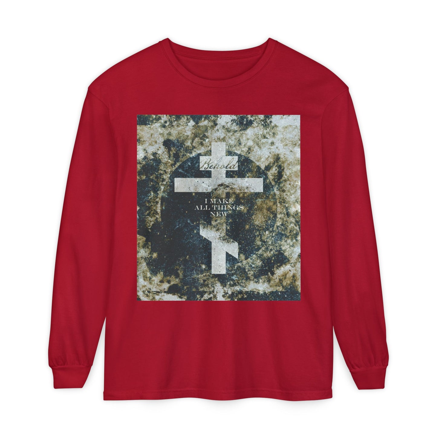 Behold, I Make All Things New | Revelation 21:5 | Cosmic Textured Orthodox Cross | Parousia | Orthodox Christian Long Sleeve Shirt