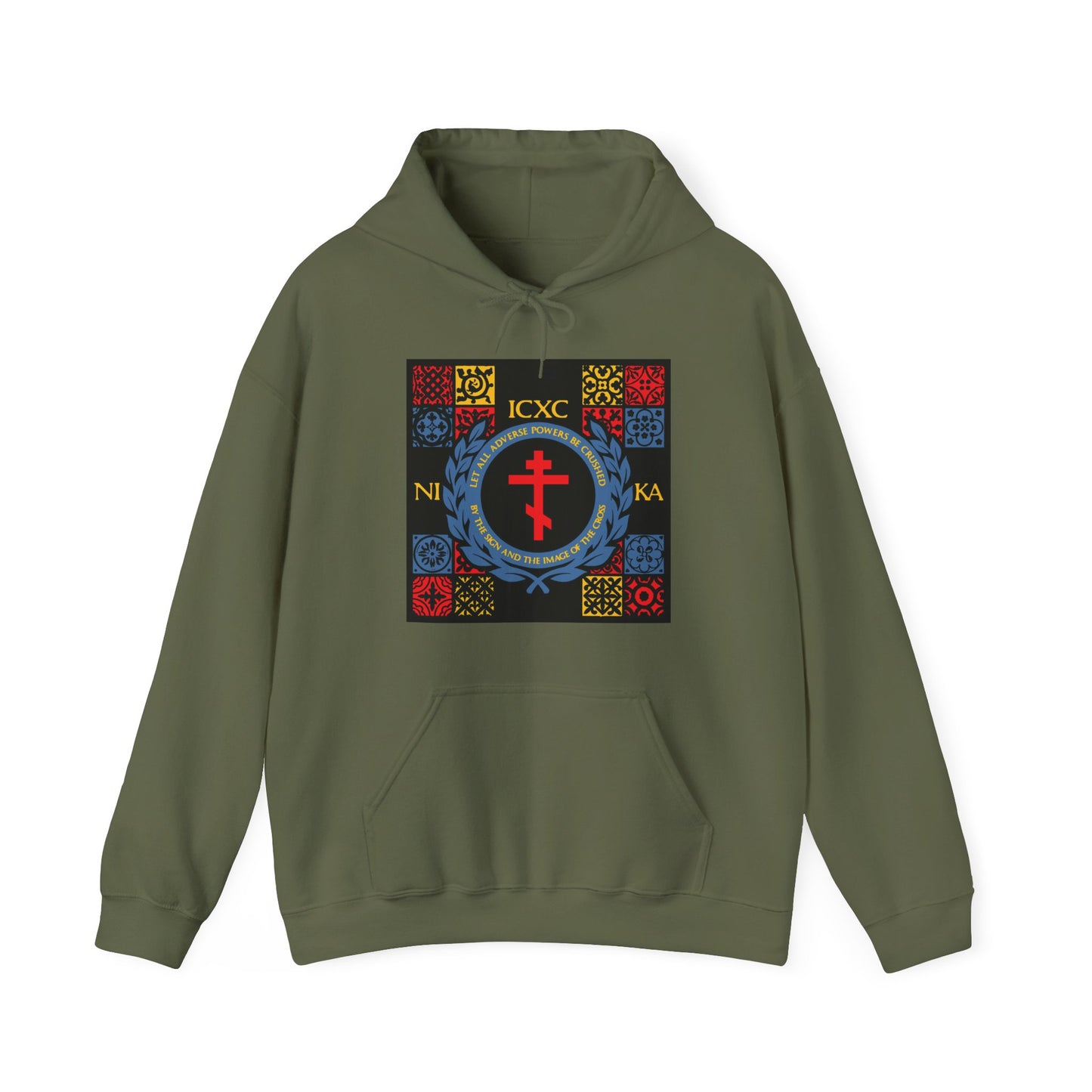 Let All Adverse Powers Be Crushed (Red, Yellow & Blue Design) | ICXC NIKA | Medieval Tile Design | Orthodox Christian Hoodie
