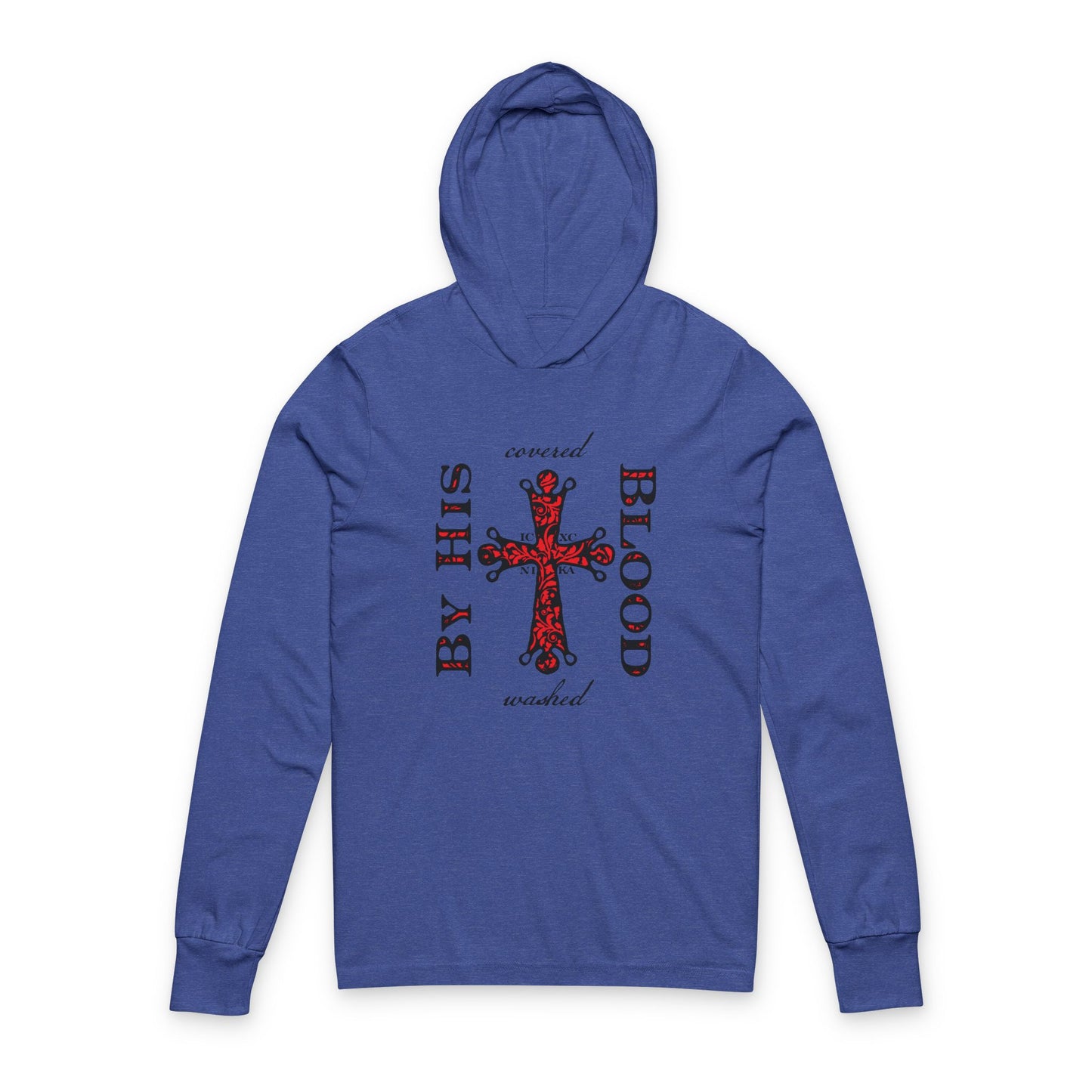 Washed/Covered By His Blood (1 John 1:7) | ICXC NIKA Ornate Red Orthodox Cross | Orthodox Long Sleeve Hooded Shirt