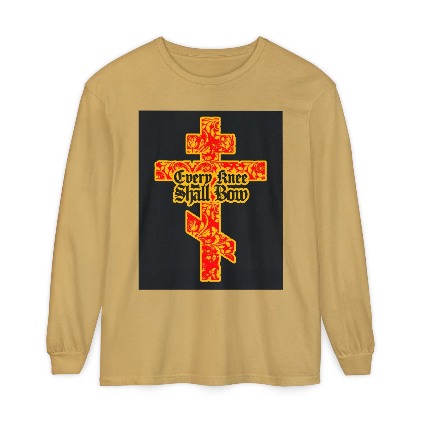 Tan long sleeve features a gold and red floral Orthodox cross with Gothic "Every Knee Shall Bow" text, inspired by Isaiah 45:22-24 and Philippians 2:7-11, celebrating Jesus Christ’s righteousness.