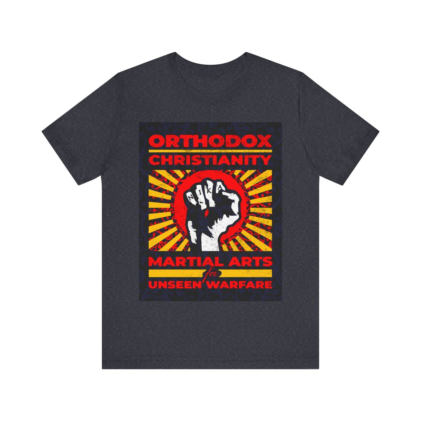 Orthodox Christianity: Martial Arts for Unseen Warfare | NIKA Jesus Fist on Colorful Sunburst Design | Orthodox Christian T-Shirt