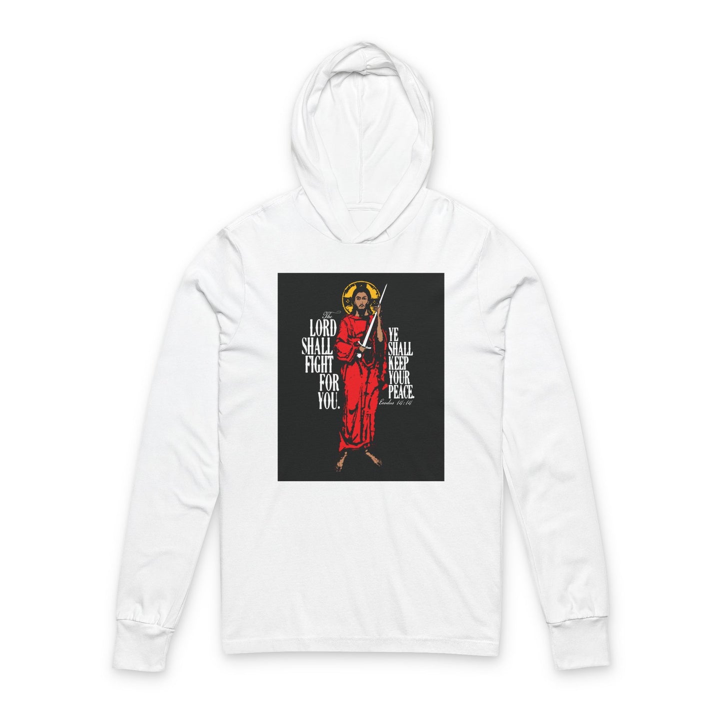 The Lord Shall Fight For You (Exodus 14:14) | Jesus Christ with Sword IconoGraphic | Orthodox Christian Long Sleeve Hooded Shirt