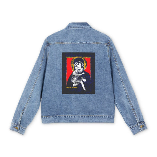 Beyond Compare More Glorious Than the Seraphim | Vladimir Theotokos Iconographic | Orthodox Christian Blue Denim Jacket