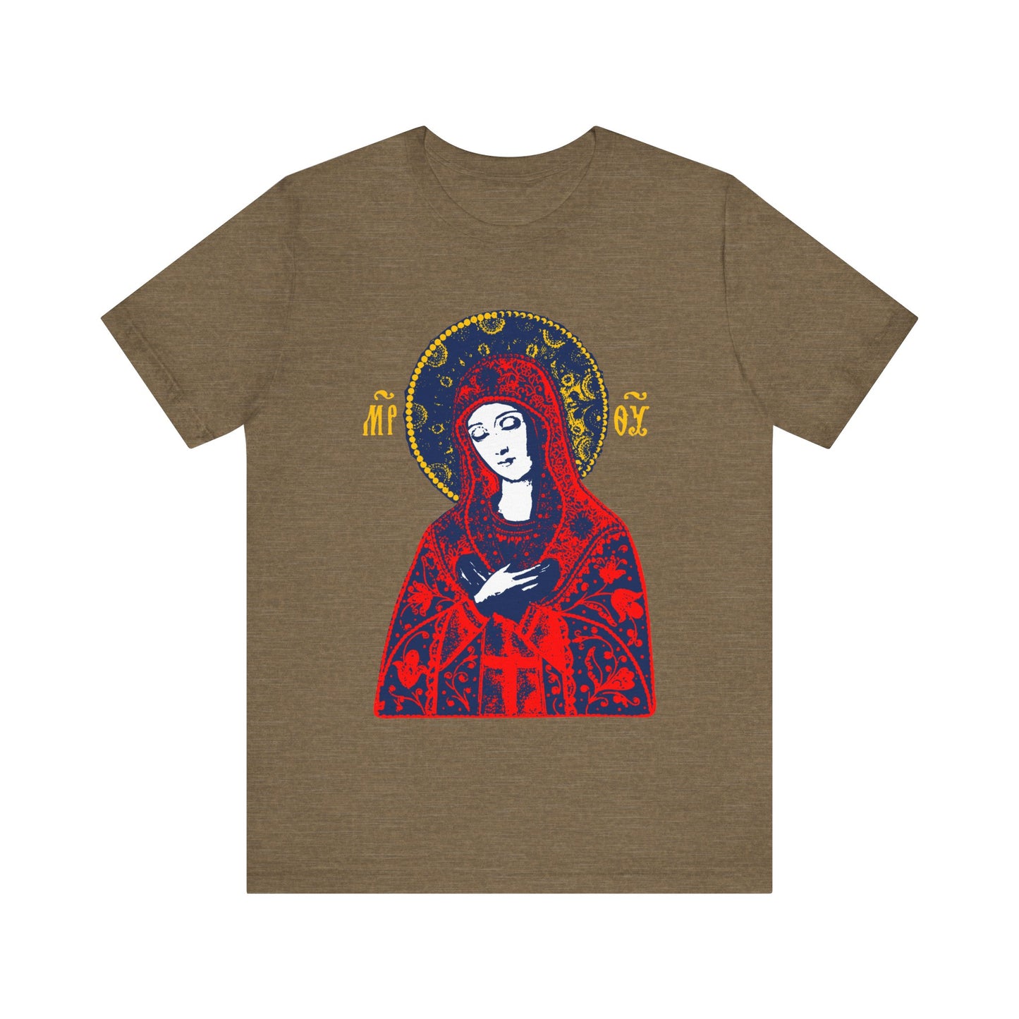 Heather Olive T-shirt featuring a bright red iconographic design of the Theotokos, inspired by traditional Orthodox Tenderness icons—"Joy of All Joys" Orthodox Christian T-Shirt.