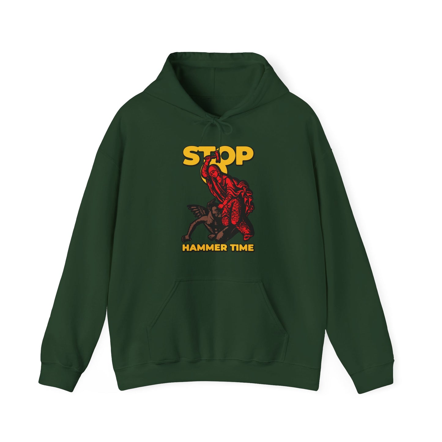 Dark green “St Marina of Antioch Beating the Devil with a Hammer” hoodie featuring "STOP, HAMMER TIME" and a red, blue, and yellow graphic inspired by the courage of Christian saints. Modern Orthodox meme design.