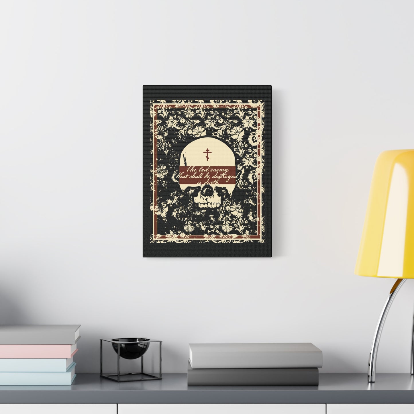 The Last Enemy That Shall Be Destroyed is Death (1 Cor 15:26) | Earthtone Skull and Floral Design | Resurrection | Orthodox Christian Canvas Art