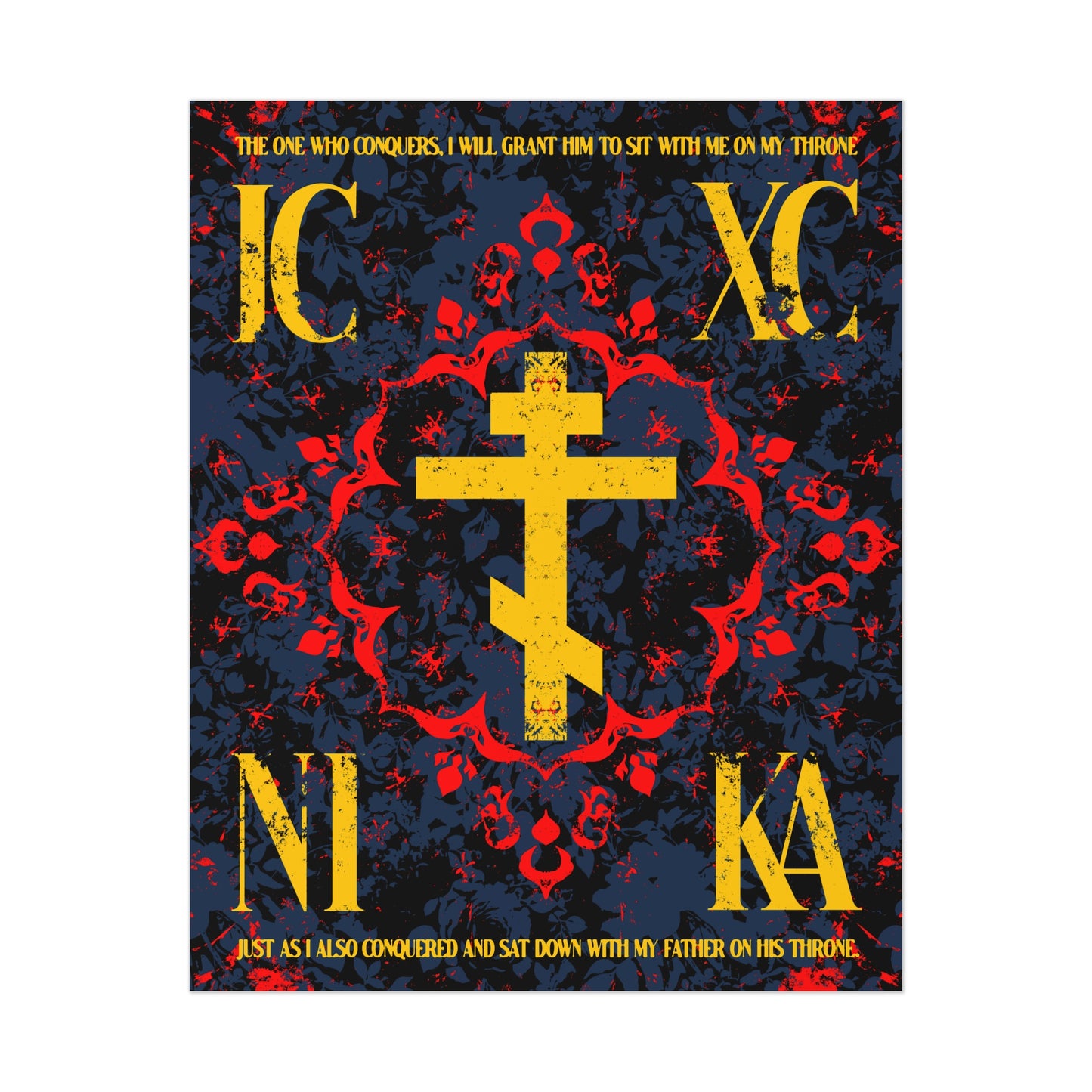 IC XC NIKA Orthodox Cross | Medieval Floral Design | The One Who Conquers (Revelation 3:21) | Orthodox Christian Art Poster