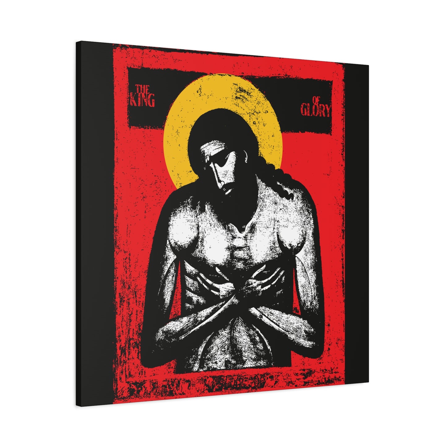 The King of Glory Jesus Christ "Extreme Humility" IconoGraphic features a stylized image with a yellow halo, red background, and "The King of Glory" text—perfect Christian wall art inspired by themes from Isaiah 53.