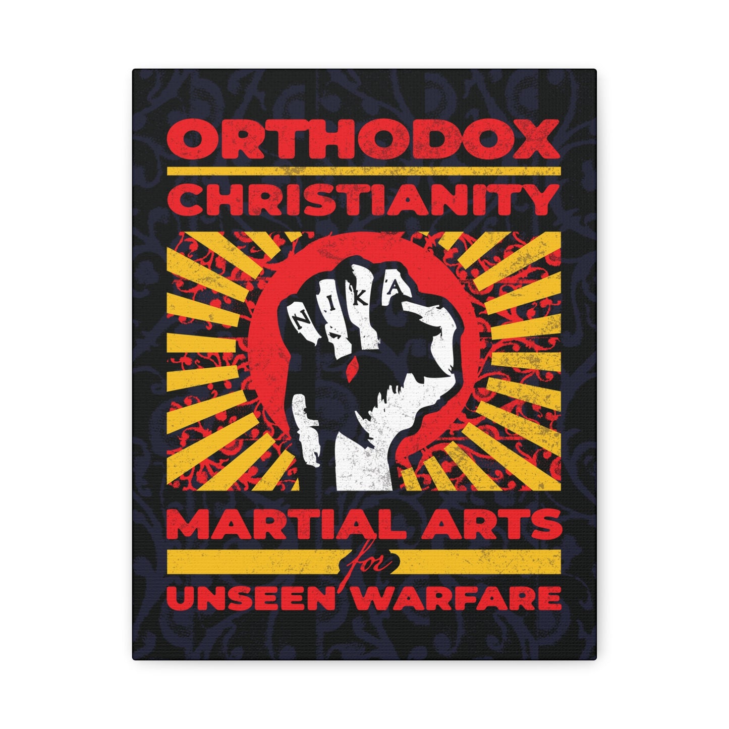 Orthodox Christianity: Martial Arts for Unseen Warfare | NIKA Jesus Fist on Colorful Sunburst Design | Orthodox Christian Canvas Art