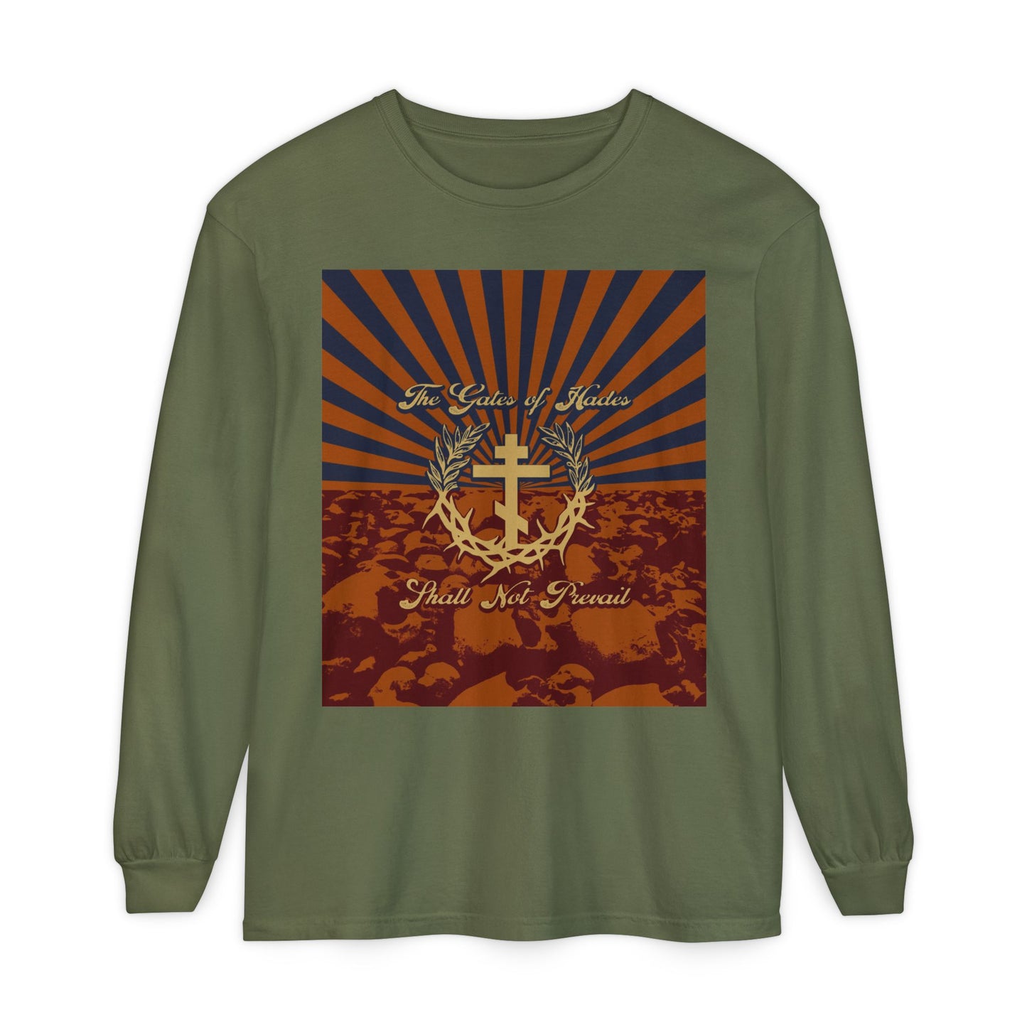 The Gates of Hades Shall Not Prevail | Cross with Wreath & Crown of Thorns | Skulls and Rays | Orthodox Christian Long Sleeve Shirt