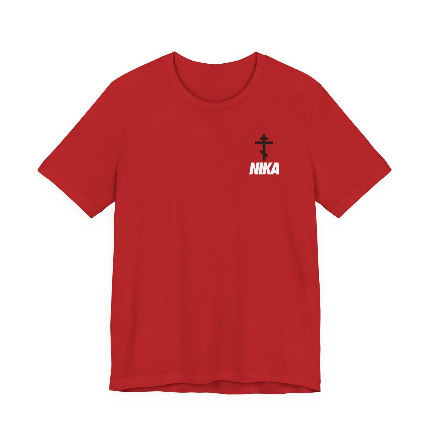 Red t-shirt featuring a small Orthodox cross and bold NIKA text, inspired by “Jesus Christ Conquers,” in a NIKE logo mashup design on the left chest. From the Athletic Ascetic Fashion Christian collection.