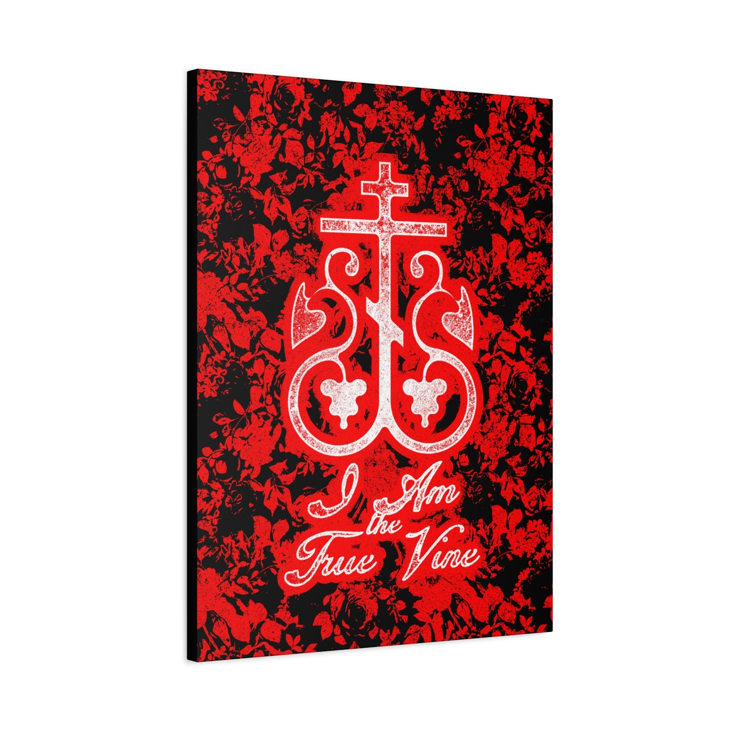 I Am the True Vine (John 15:1) | Orthodox Cross Vine Monogram | Red and Black Floral Design | Orthodox Christian Canvas Art