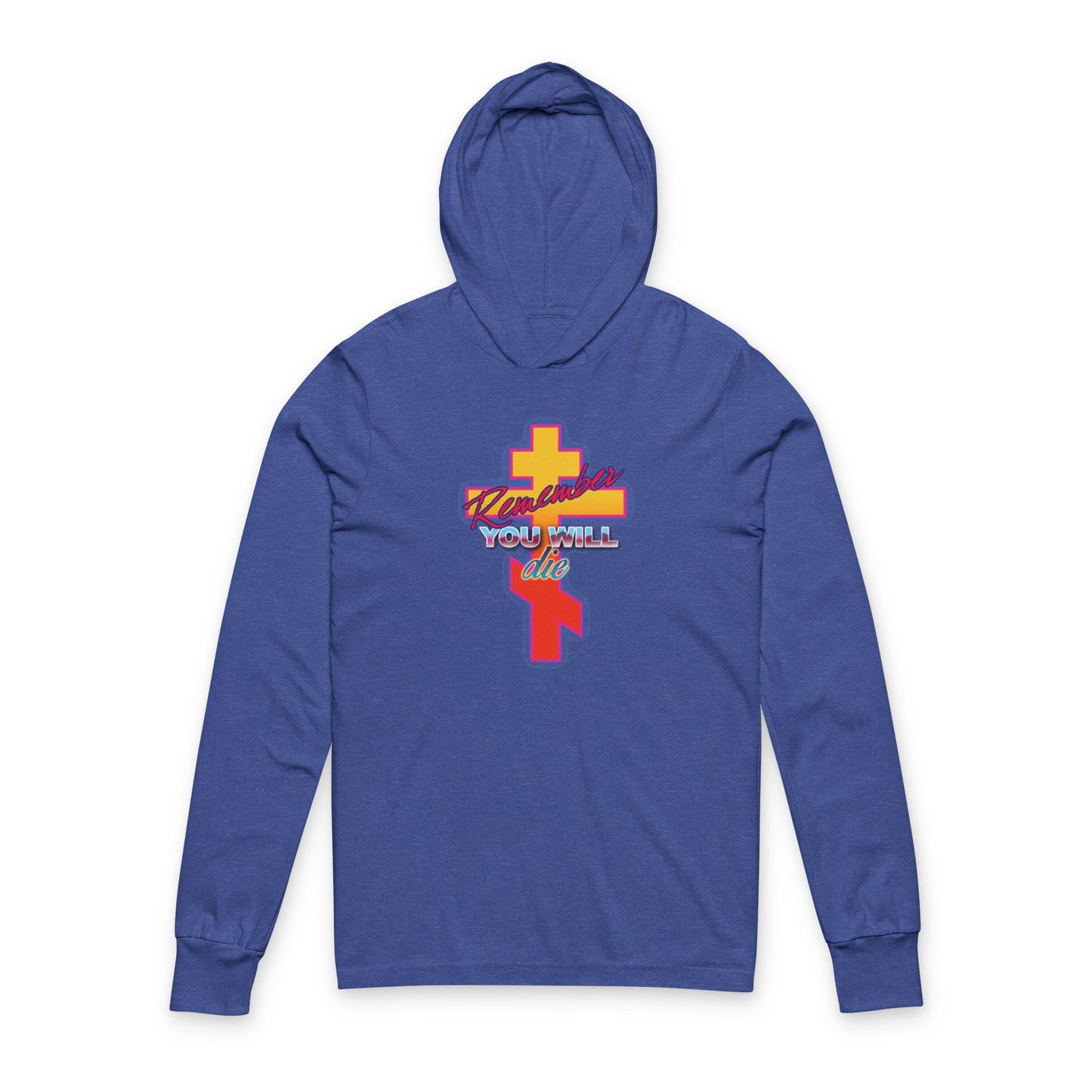 Heather True Royal cotton hoodie featuring a glowing synthwave retro Orthodox cross, Christian priestly hands, and "Veronica, YOU WILL live"—an 80s-inspired tribute to the Exaltation of the Precious Life-Giving Cross.