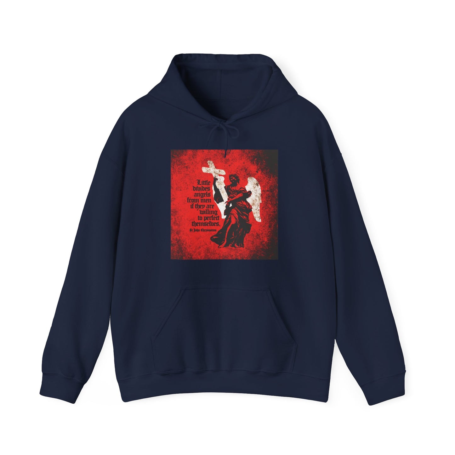Navy "Little Divides Angels from Men" hoodie featuring a red textured cemetery angel graphic and front-center quote by St John Chrysostom, inspired by Christian and Orthodox tradition.