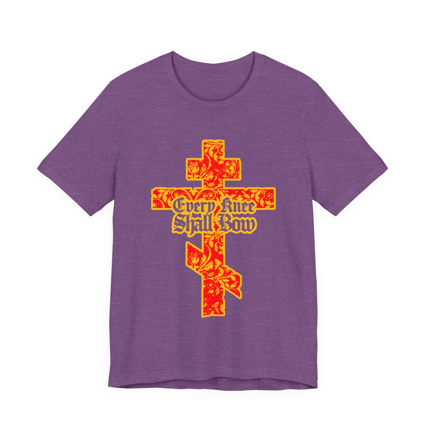 Purple unisex tee featuring a gold and red floral Orthodox cross with "Every Knee Shall Bow" in Gothic lettering, inspired by Isaiah 45:22-24 and Philippians 2:7-11. Christian message proclaiming Jesus Christ is Lord.