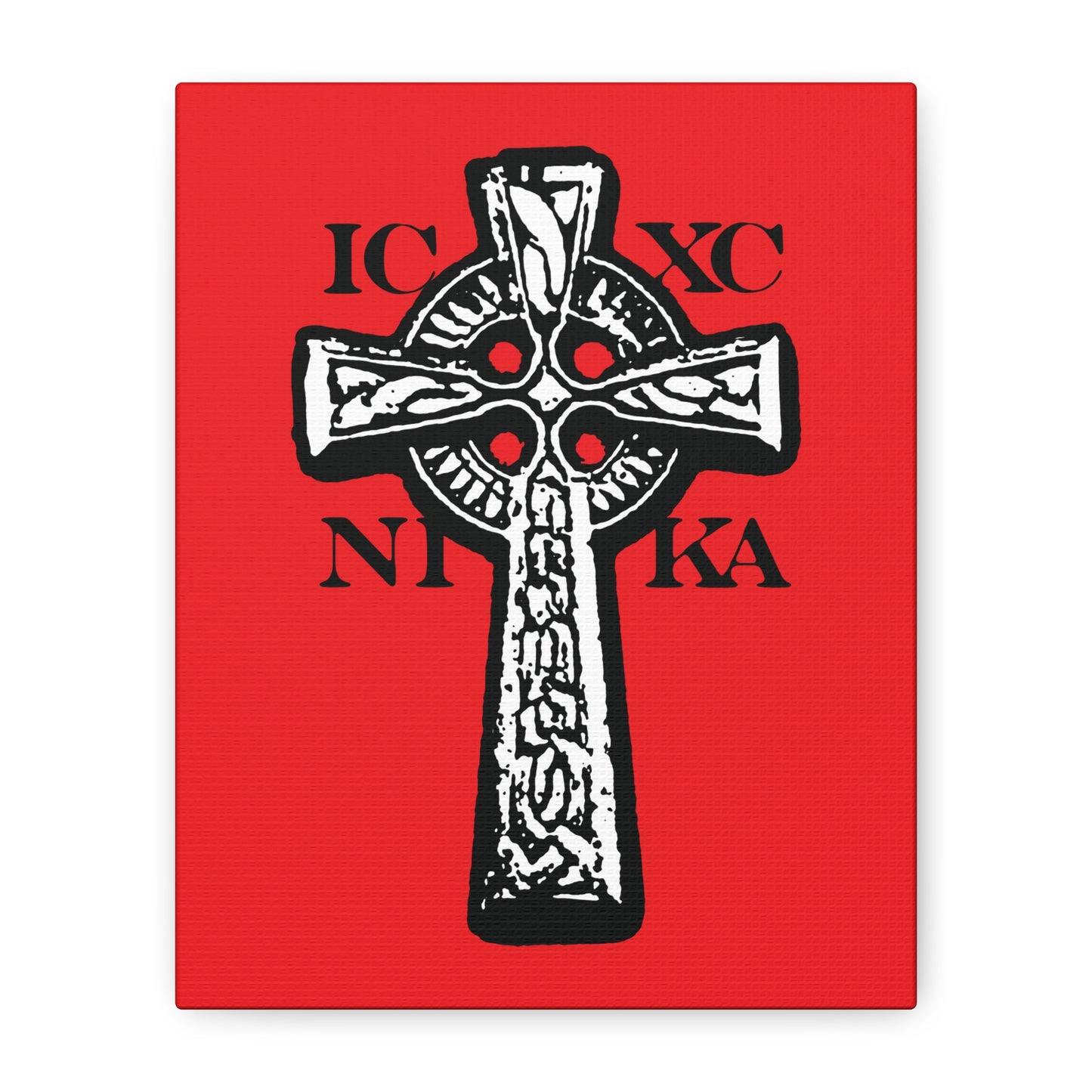 The ICXC NIKA Celtic Knotwork Cross features a black and white design on a bold red background, symbolizing "Jesus Christ Conquers." This traditional Orthodox Christian wall art brings powerful meaning to any space.