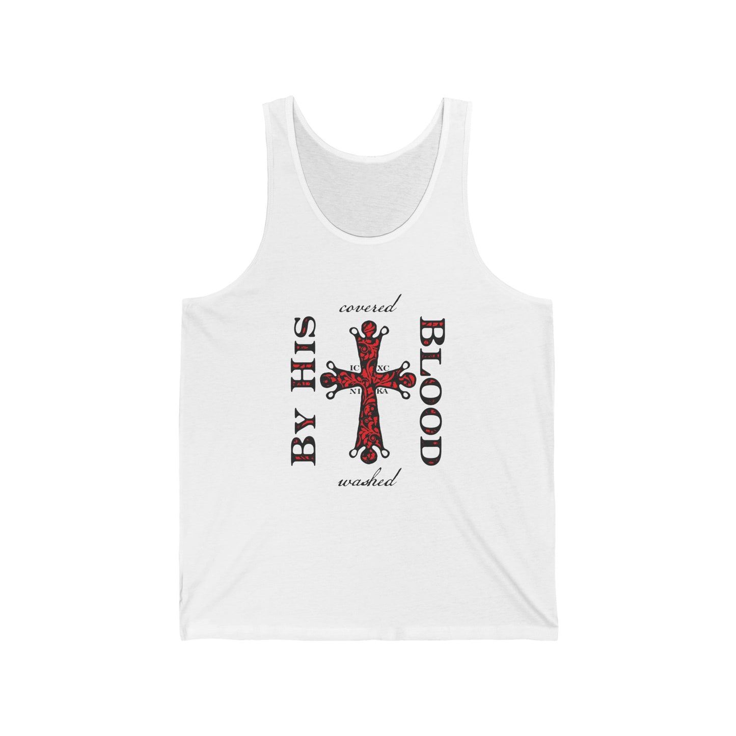 Washed/Covered By His Blood (1 John 1:7) | ICXC NIKA Ornate Red Orthodox Cross | Orthodox Christian Jersey Tank Top / Sleeveless Shirt