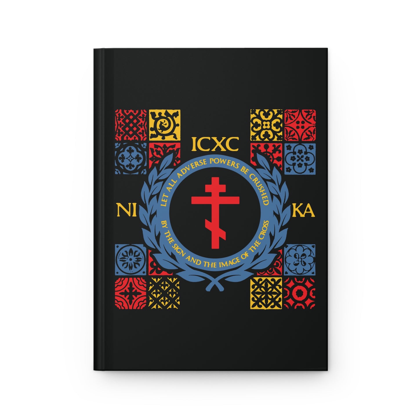 Let All Adverse Powers Be Crushed (Red, Yellow & Blue Design) | ICXC NIKA | Medieval Tile Design | Orthodox Christian Hardcover Journal