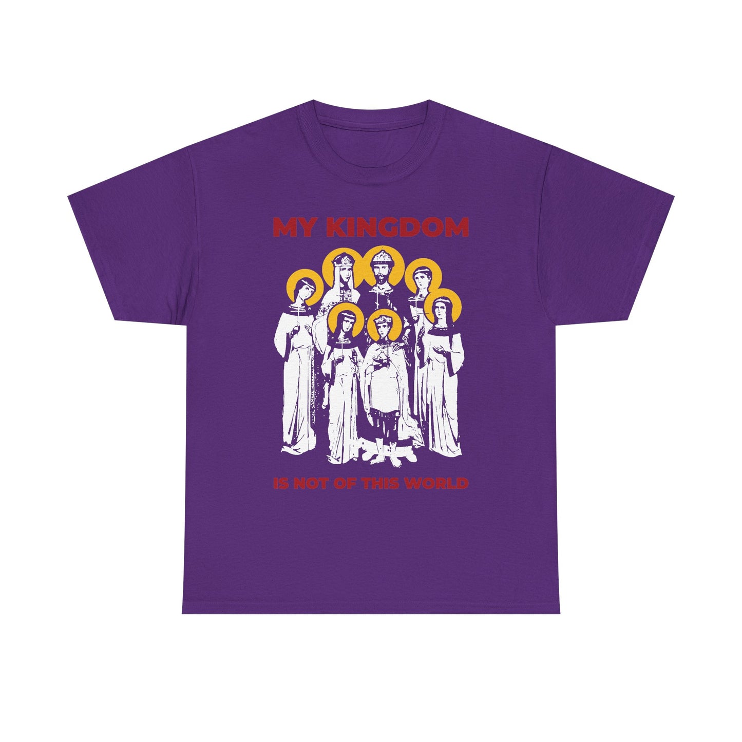 Purple “My Kingdom is Not of This World (John 18:36)” tee, featuring white saints with yellow halos and bold red text—a tribute to the Romanov Royal Martyrs of Russia and the enduring faith of Orthodox Christians.