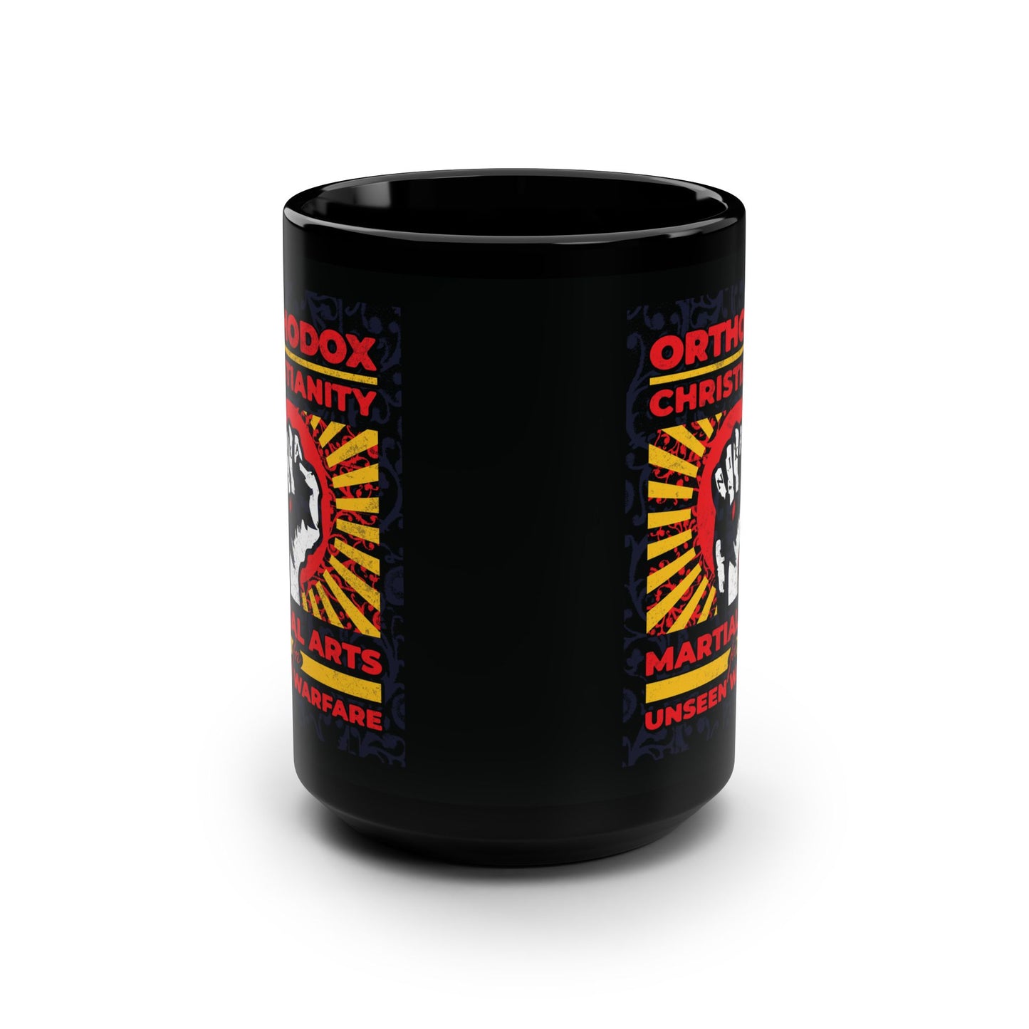 Orthodox Christianity: Martial Arts for Unseen Warfare | NIKA Jesus Fist on Colorful Sunburst Design | Orthodox Christian Black Mug