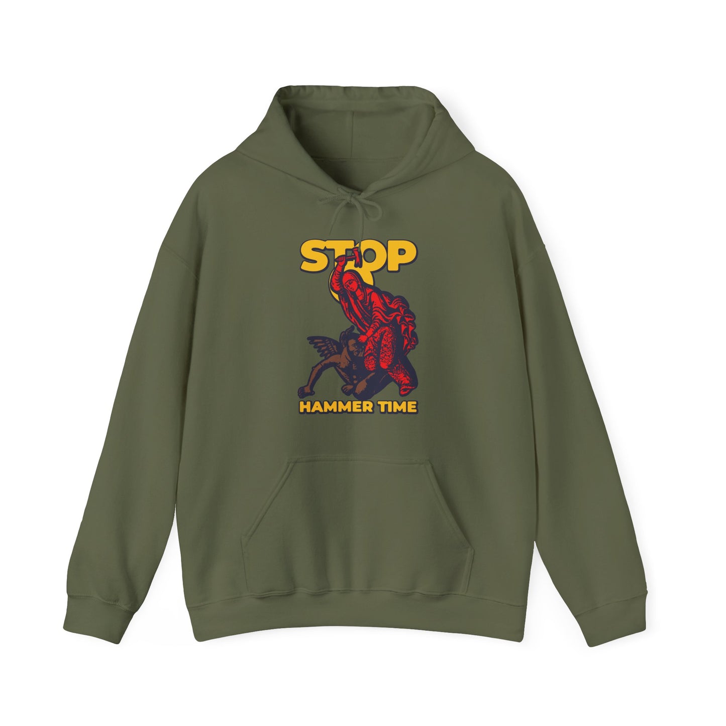 Olive green "St Marina of Antioch Beating the Devil with a Hammer" hoodie featuring STOP HAMMER TIME text and a red hammerhead shark dancing, inspired by saintly courage. Modern Orthodox meme in red, blue, and yellow.